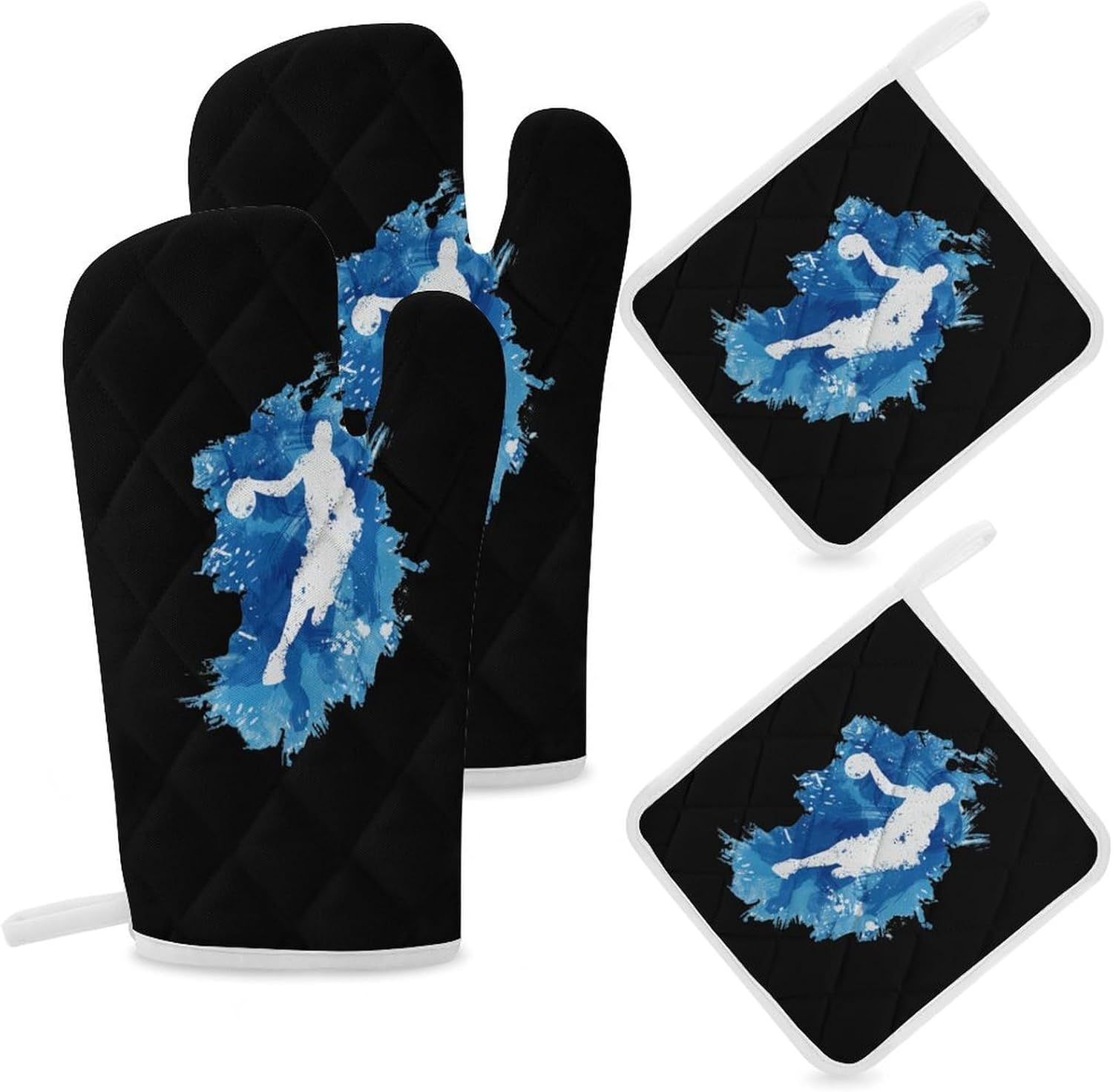 Basketball Player Art Oven Mitts and Pot Holders 4Pcs Set Heat Resistant Cooking Mitts Hot Pads
