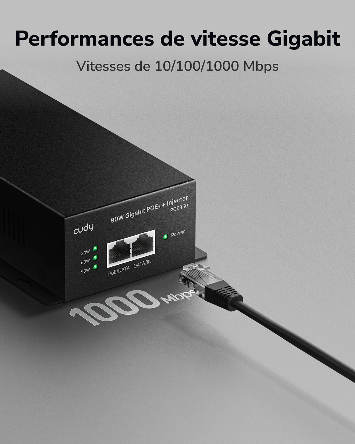 Cudy POE350 90W Gigabit PoE++ Injecteur, Adaptateur Poe 10/100/1000 Mbps, Compatible avec IEEE 802.3af/at/BT, 48 V ~ 52 V, Plug and Play | Injecteur actif de 90 W, entrée/sortie GbE, 100 m, point de mise à la terre, protection contre les surtensions de 4