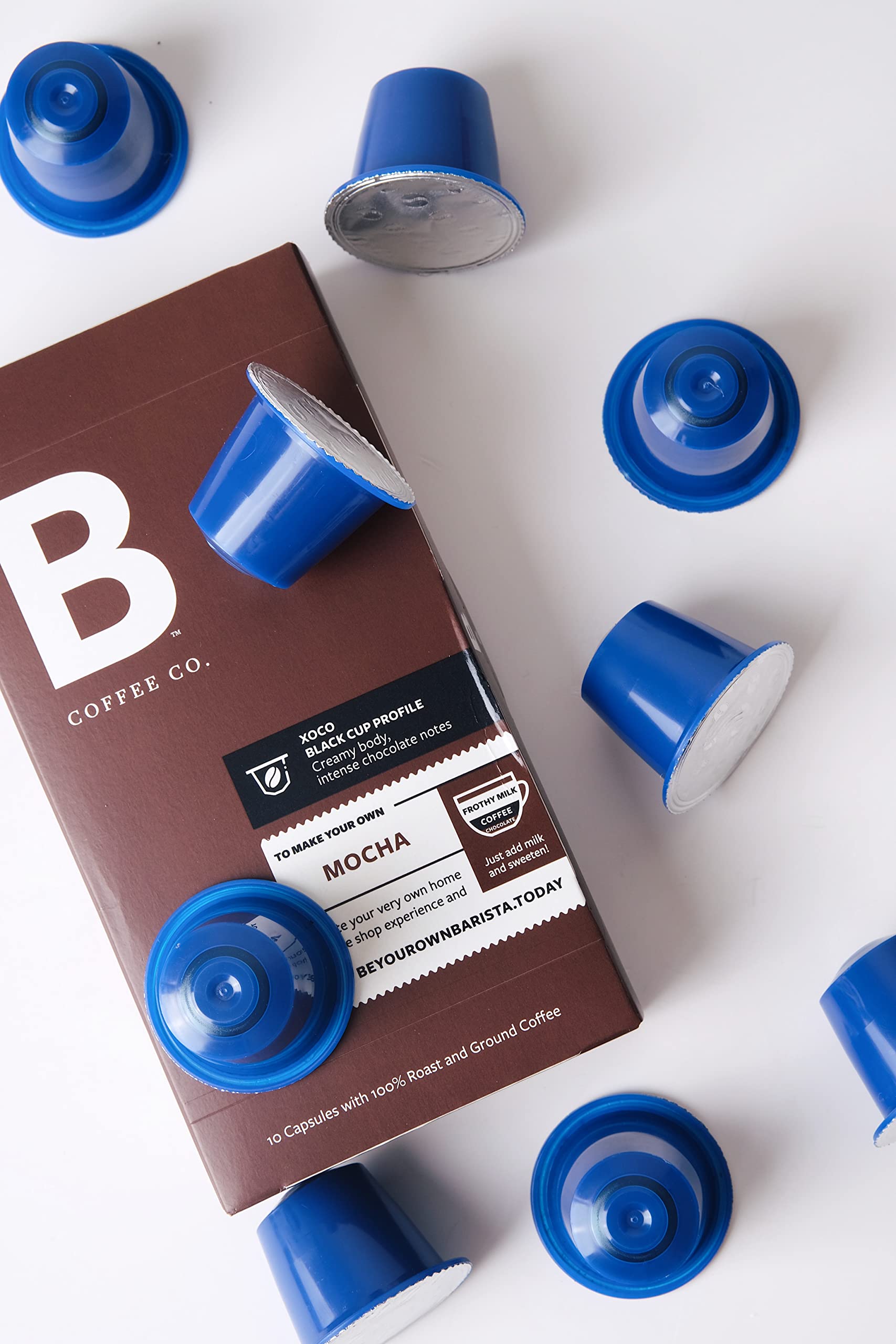 B Coffee Co. Xoco Mocha, Dark Chocolate, Creamy, 100% Arabica Coffee, Medium Roast, Strength: 4/5, Nespresso Compatible Coffee Capsules, Coffee Lovers, 10 Pods