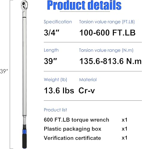 Miniatura 6 de Llave dinamométrica de 12 pulgada 10-160FT-LB13.6-217.1 Nm con barra de extensión y adaptador de 12''-38'' para ruedas de