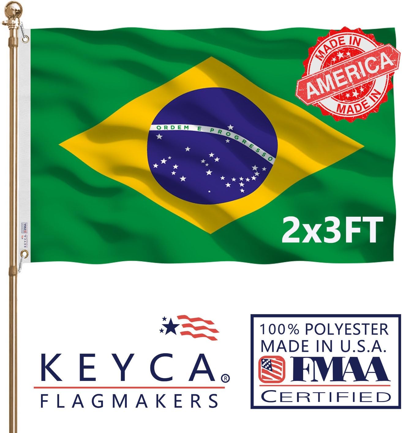 Brazil Brazilian Flag 2x3 FT 100% Made in The USA-Heavy Duty Vibrant Colors Double Sided Brazilian National Country Flag with 2 Brass Grommets for Home/Company/Indoor Outdoor Decoration
