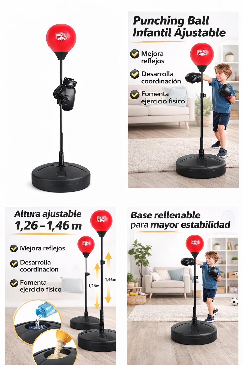 DEVESSPORT Punching Ball Infantil Rojo | Altura Ajustable de 1,26 a 1,46 m, con Guantes de Boxeo y Base Rellenable – Juego de Boxeo para Niños a Partir de 5 Años