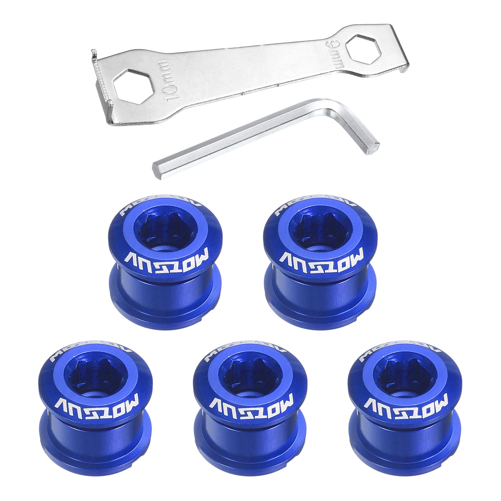 sourcing map 5pcs Single Chain Ring Bolts M8 Aluminum Alloy Bicycle Crankset Nut Chainwheel Screws with Mountain Wrenches for Road Bike Mountain Bike, Blue