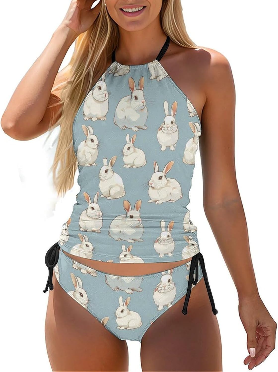 Cute Fat Rabbits Novelty Women's Swimwear Set 2 Pcs Tankini String Swimsuits Bathing Suits