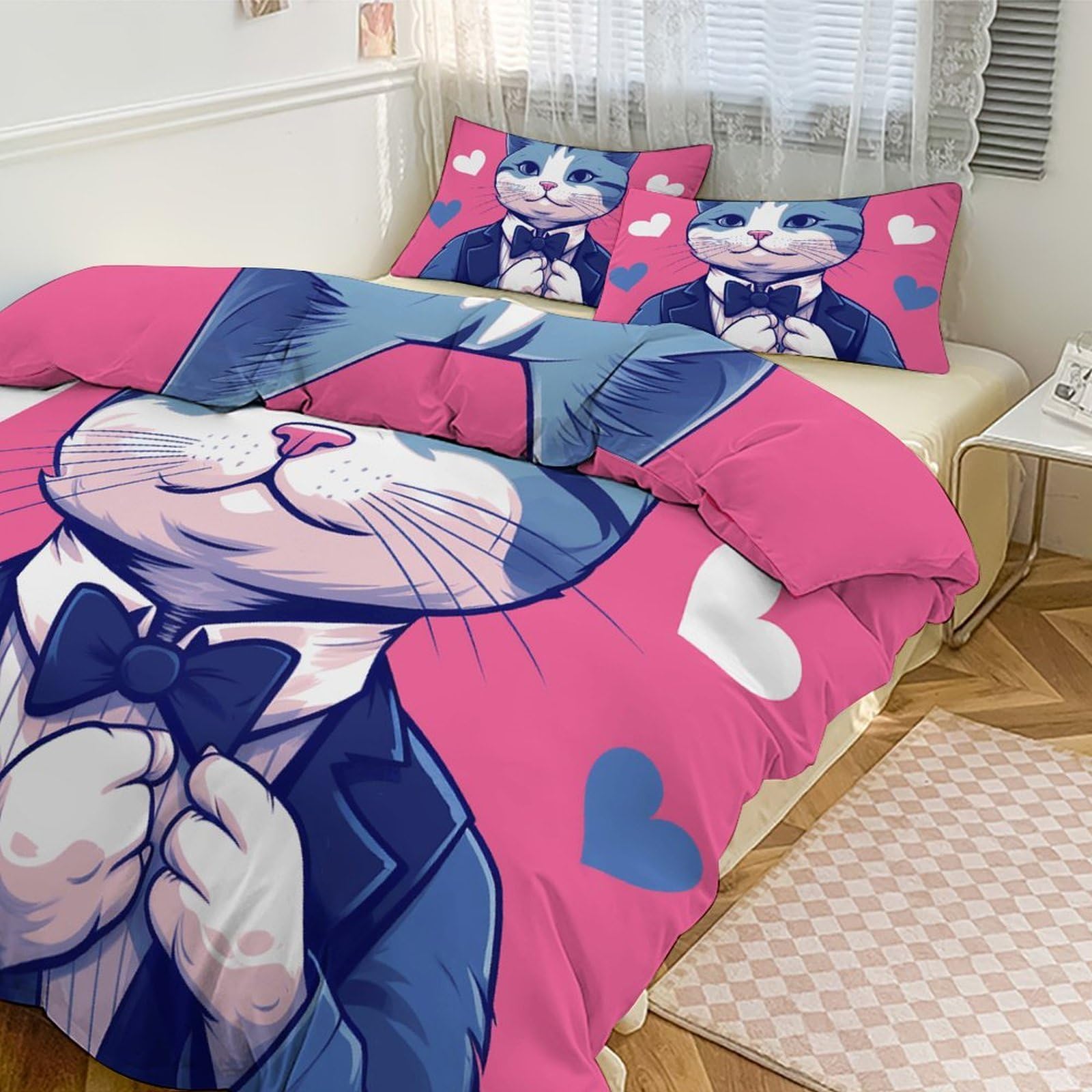 Housse de couette respirante et ultra douce de grand lit 3 pièces motif chat mignon