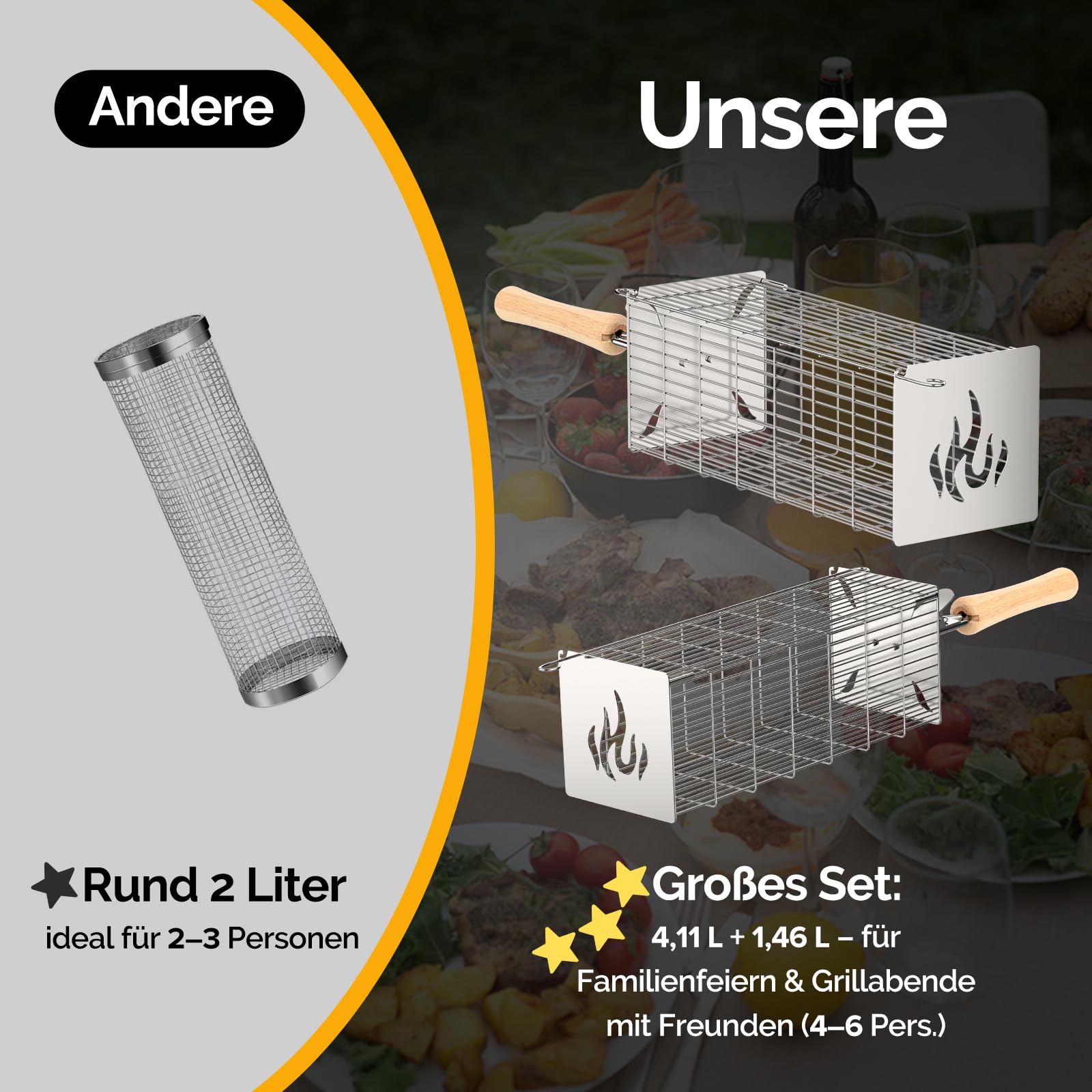 2er Set Grillkorb Quadratisch, Abnehmbarer Holzgriff, Grillkorb Edelstahl 304, Großes Volumen, Outdoor Grill, BBQ Zubehör für Gemüse, Fleisch, Gasgrill, Camping, Garten | Geschenk für Männer, Papa
