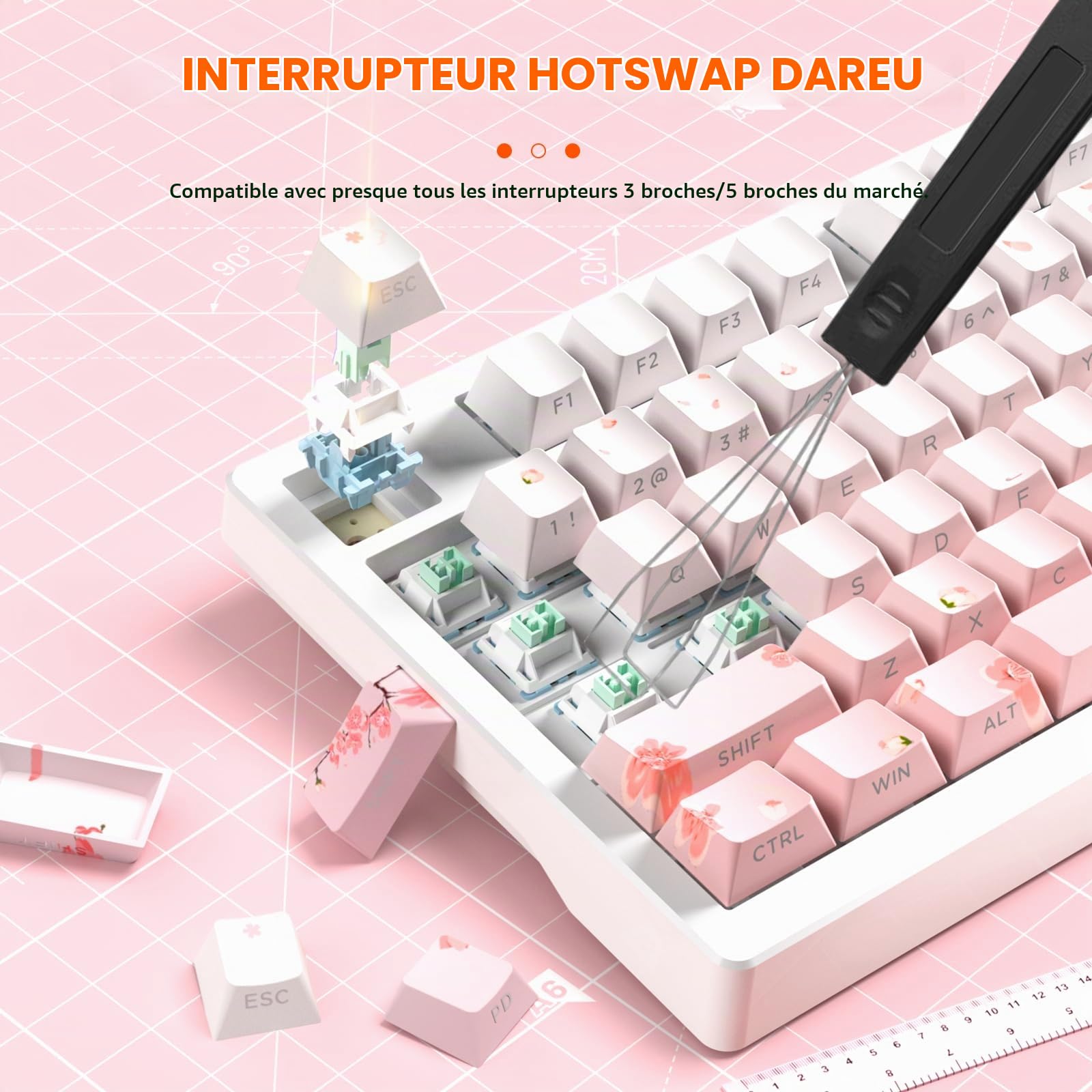 DAREU EK75PRO Sakura Pink Clavier Mécanique Sans Fil,75% RGB Hot Swap Creamy Clavier Gamer Mécanique avec Knob,2.4Ghz/BT5.1/USB-C,Gasket Mount,PBT Side-printed Keycaps,Linear Cloud Switch pour Win/MAC