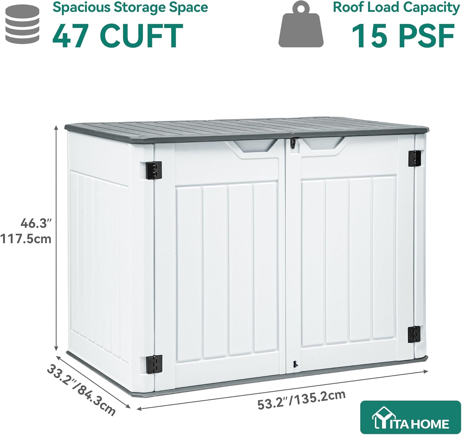 YITAHOME Large Outdoor Horizontal Storage Shed, 47 cu ft Resin Tool Shed w/o Shelf, Outdoor Waterproof Storage with Floor for Trash Cans, Garden Tools, Lawn Mower, Lockable, 4.5x2.8x3.9 ft, Light Gray