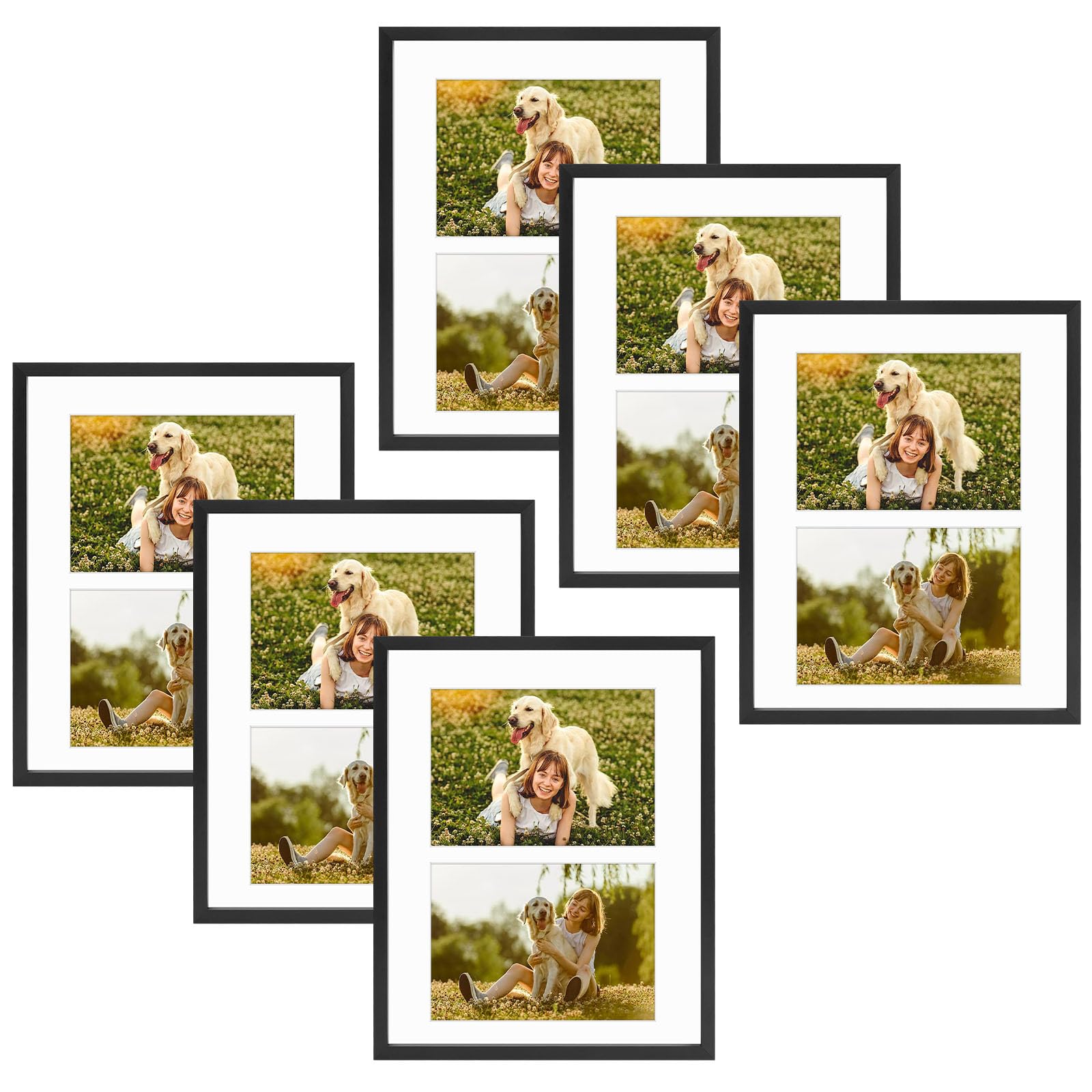 Golden State Art, 4x6 Aluminum Collage Frame, Displays 6x4 Pictures With 2 Openings Mat or One 8x10 Photo, Real Glass, Portrait/Landscape Wall/Tabletop Display, Black, 6 Pack