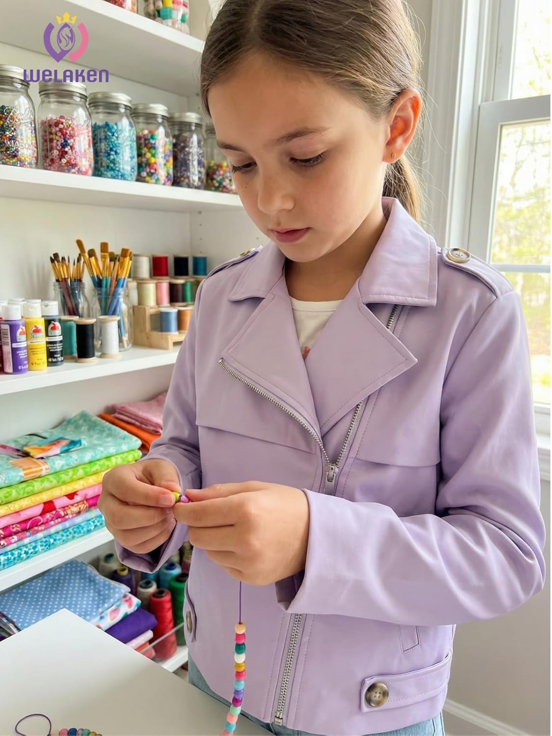 WELAKEN Girls Moto Biker Jacket with Asymmetrical Zipper and Lapel Collar, Lightweight Outerwear for Kids