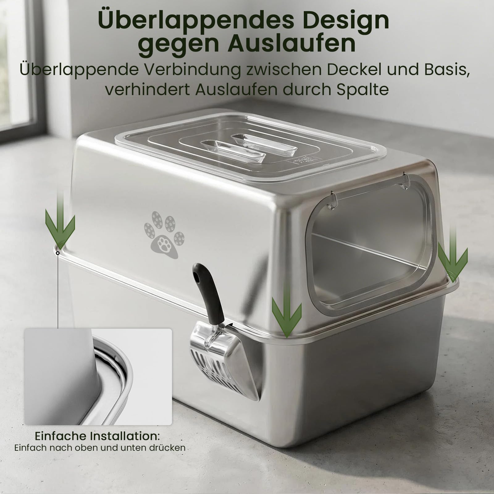 PTLOM XXL Katzenklo Edelstahl, Auslaufsicheres Katzenklo mit Deckel, großem Metall-Streubehälter, Geschlossenes Katzentoilette mit hohem Rand, inkl. Streuschaufel und Streumatte, 60x40x40cm