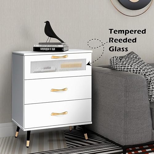 Miniatura 5 de Mesita de noche blanca con 3 cajones, mesa de noche de madera de 21 pulgadas, mesita de noche grande con puerta de cristal, patas y asas doradas,