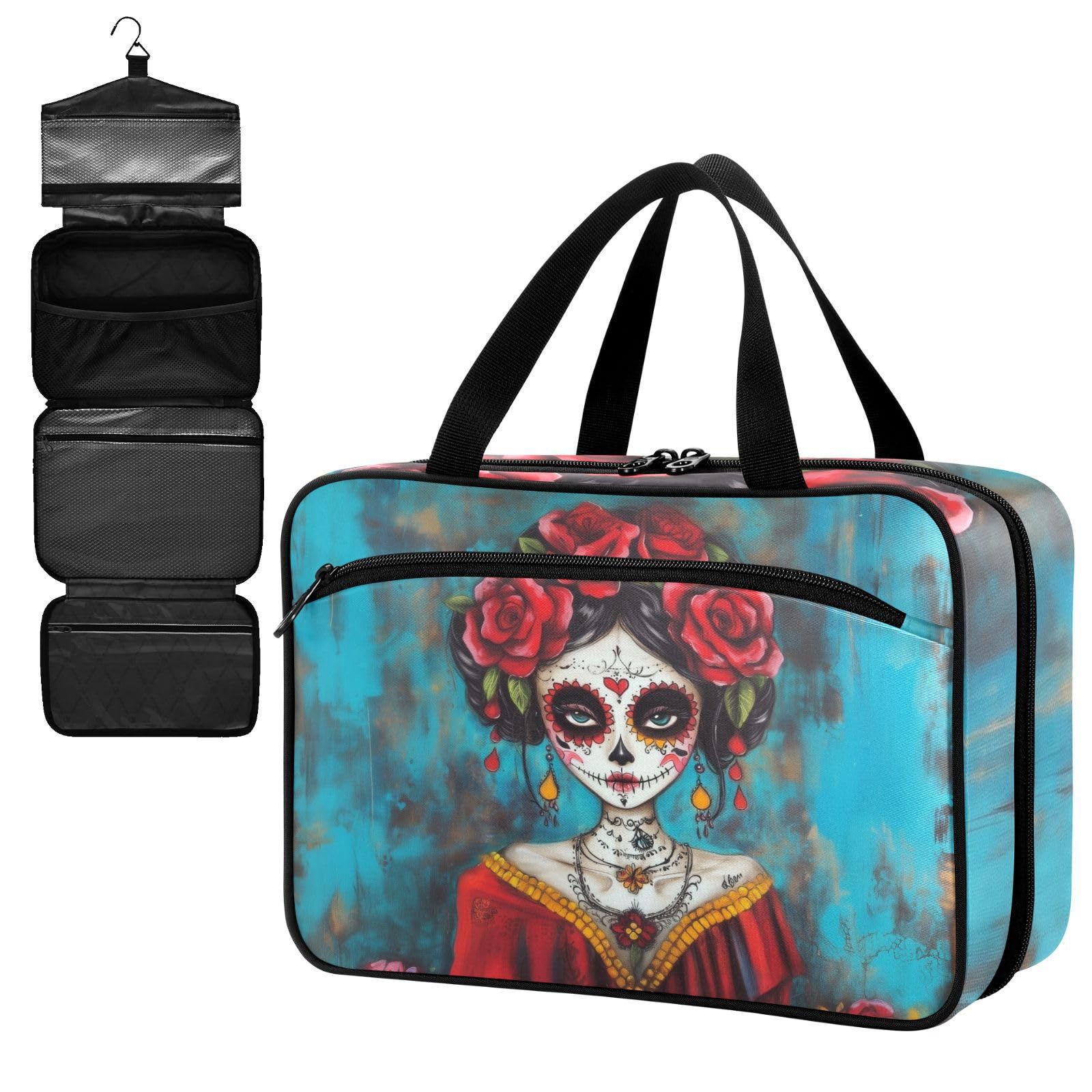 Fustylead Beautiful Day Of The Dead Catrina with Red Roses Large Medical Storage Bag with Zipper Empty First Aid Bag Trauma Kit for Traveling Hiking Camping Backpacking