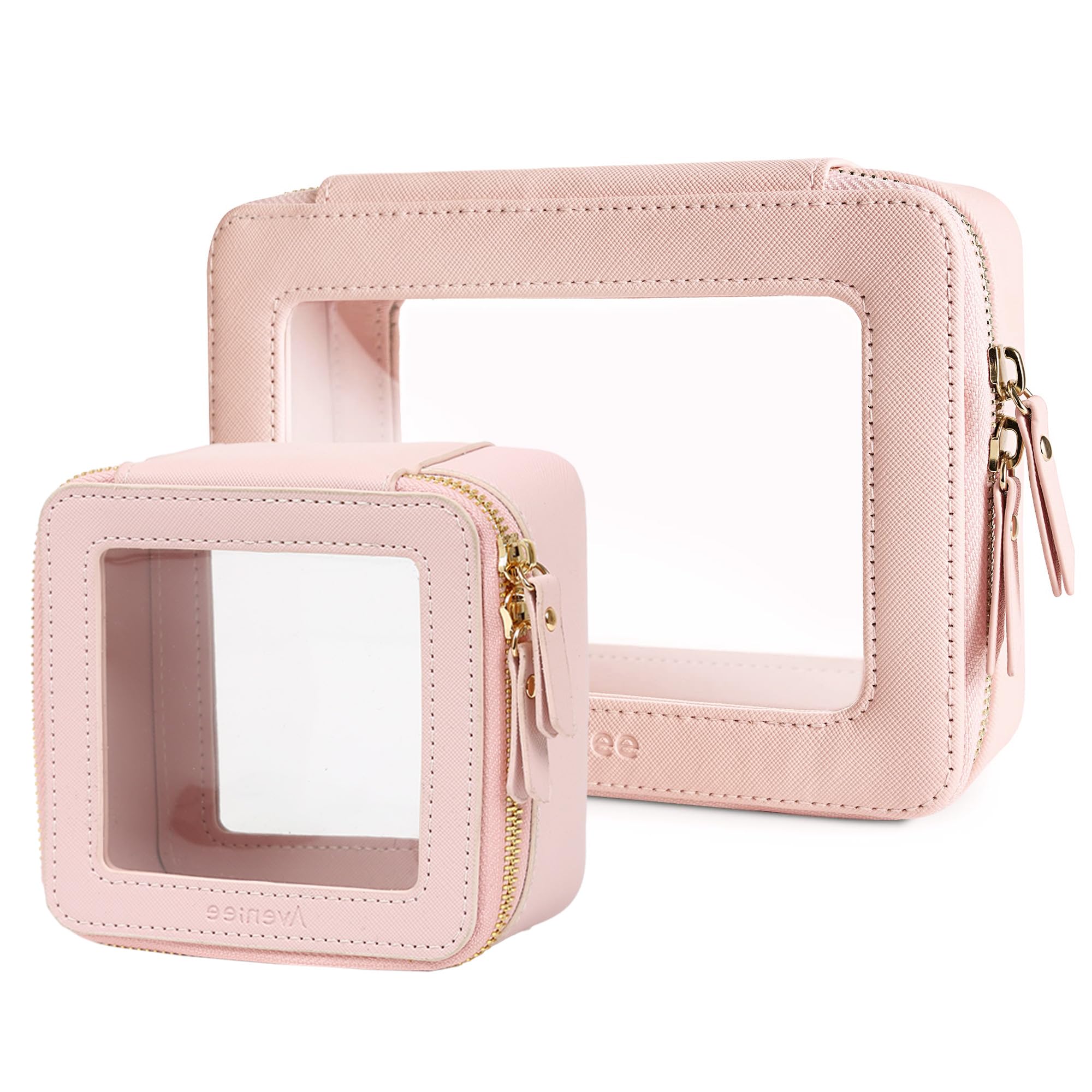 Aveniee Clear Makeup Bag Set (2-Piece Mini &amp; Midi) - Travel Toiletry Organizer for Women, Waterproof Cosmetic Pouch &amp; Car Accessory for Travel Size Toiletries, Pink
