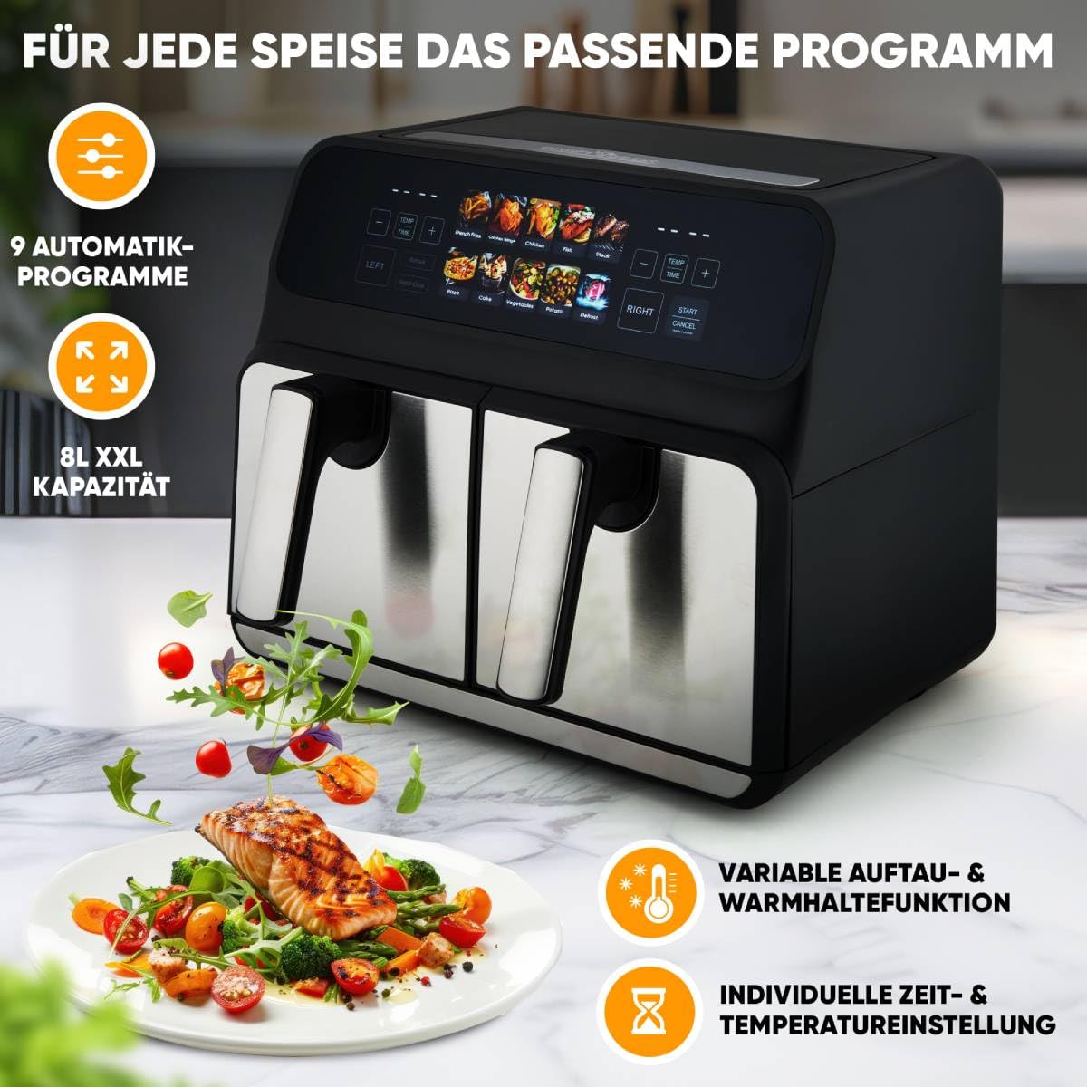 Proficook, Dwukomorowa frytkownica na gorące powietrze 8 l PC-FR1287H, 2 pojemniki 4 l, stal nierdzewna, 9 programów automatycznych, oszczędzanie energii, automatyczne wyłączanie