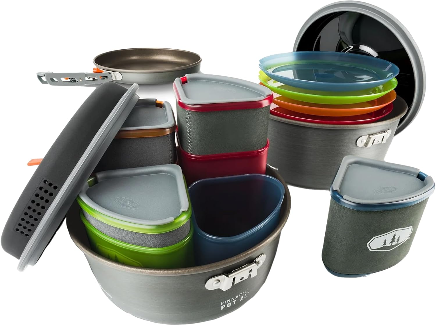 GSI Outdoors Pinnacle Ceramic Camper Cookware Set, 4-Person Camping Cookware with Non-Stick Pots, Frypan, Bowls, Plates & Nesting Design GSI Outdoors Pinnacle Ceramic Camper Cookware Set, 4-Person Camping Cookware with Non-Stick Pots, Frypan, Bowls, Plates & Nesting Design