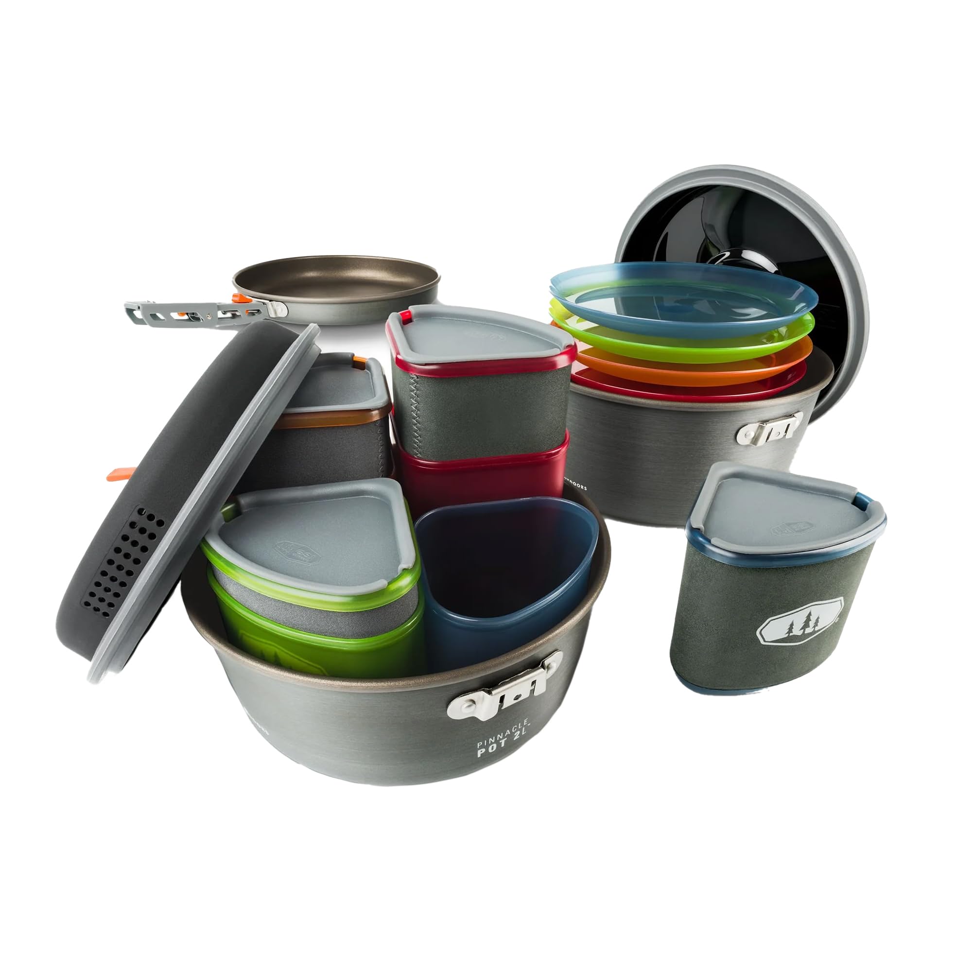 GSI Outdoors Pinnacle Ceramic Camper Cookware Set, 4-Person Camping Cookware with Non-Stick Pots, Frypan, Bowls, Plates & Nesting Design