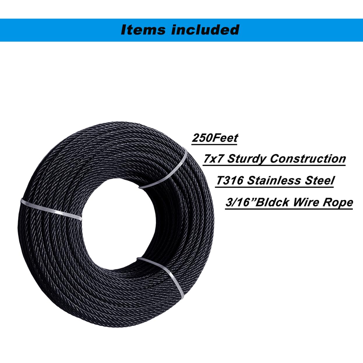 3/16" Black Wire Rope,T316 Stainless Steel Cable,250ft Aircraft Cable,for Deck Cable Railing Hardware Kit,7 x 7 Strand Construction