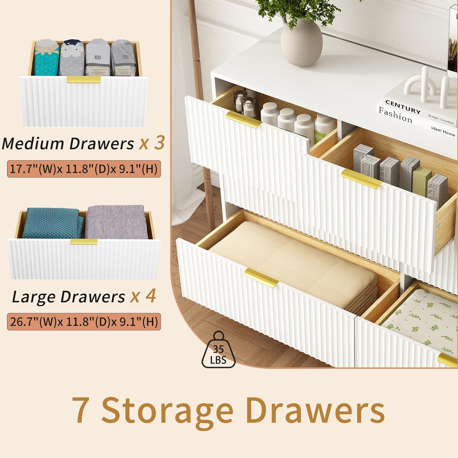 7 Drawers Dresser for Bedroom,55" Wide Fluted Dresser with Deep Drawers, Modern Chest of Drawers, Wood TV Stand Storage Organizer for Closet, Living Room, Hallway, White