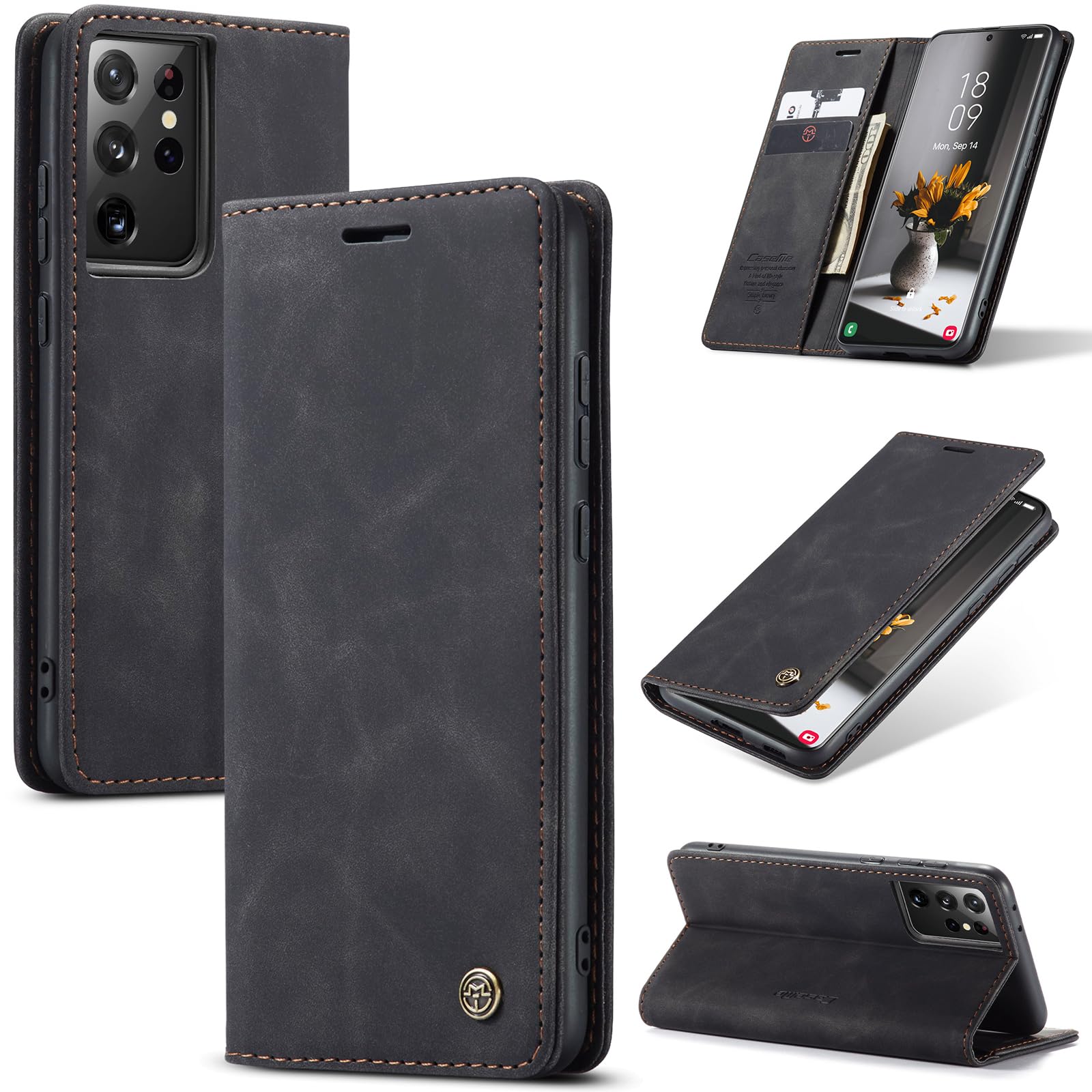 Azororo Cover per Samsung Galaxy S21 Ultra 5G, Premium PU Pelle Custodia, Magnetica Carta Fessura Portafoglio Case, Flip Cavalletto Custodia per Samsung Galaxy S21 Ultra - Nero