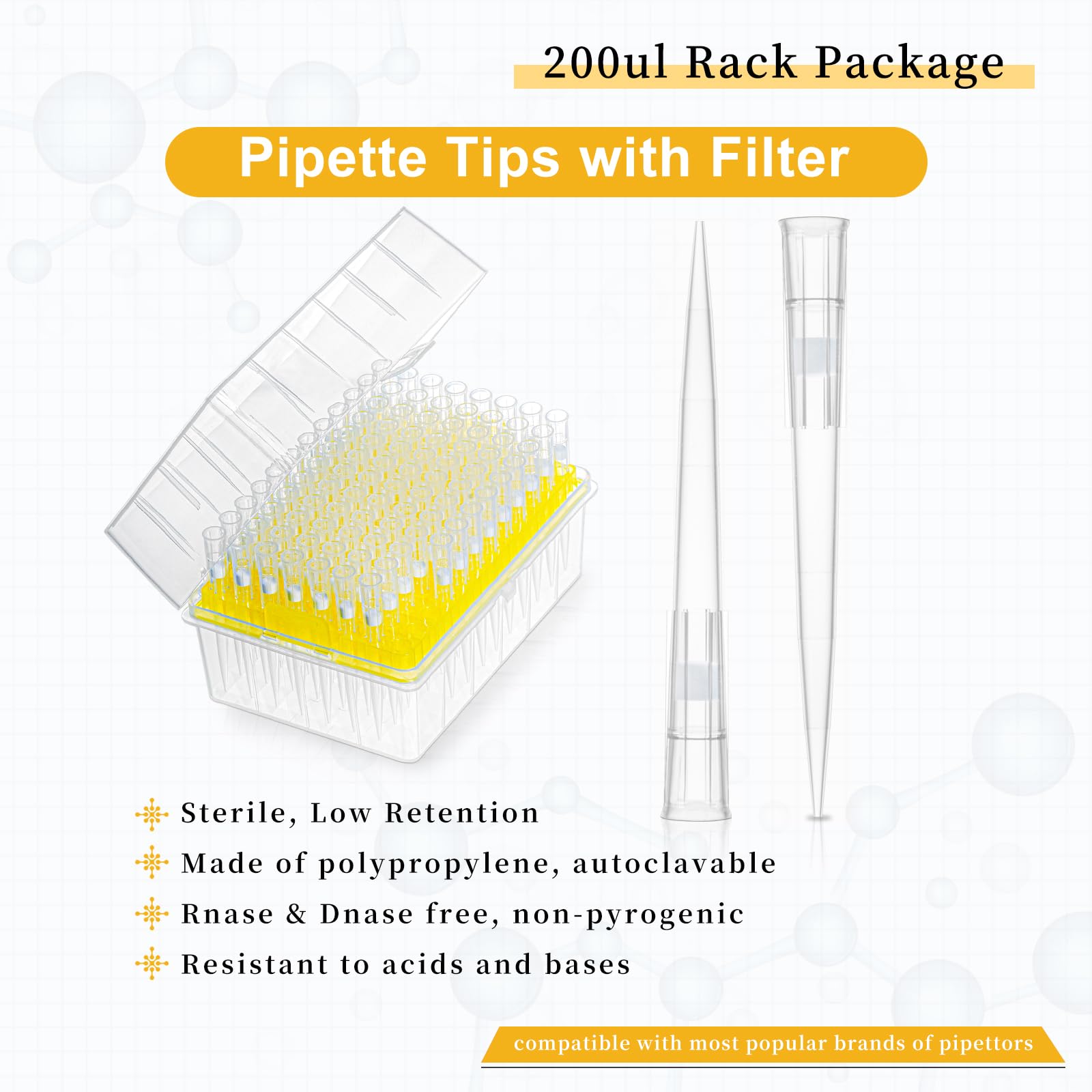 50 puntas de pipeta de rack, 200 μl, puntas de pipeta universales, micropipeta de plástico con filtro LTS, puntas de pipeta de laboratorio para química de laboratorio, estériles, 96 puntas/soporte
