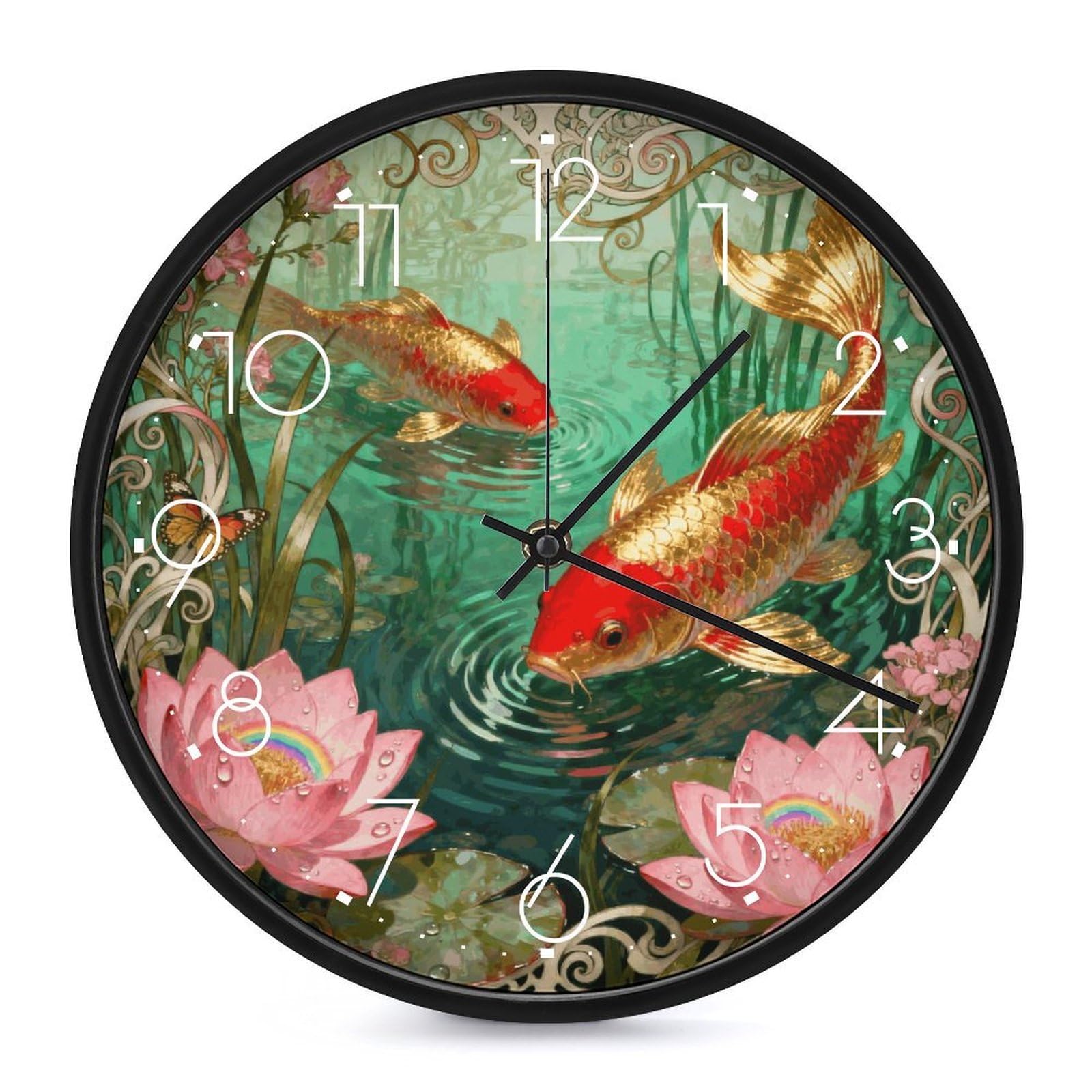 DWVTSLH Koi Lotus Pool Wall Clock 10 Inch Silent Non-Ticking Modern Clocks Battery Operated - Decorative Wall Clocks for Bedroom Living Room Kitchen Office Wall Decor Gift Idea