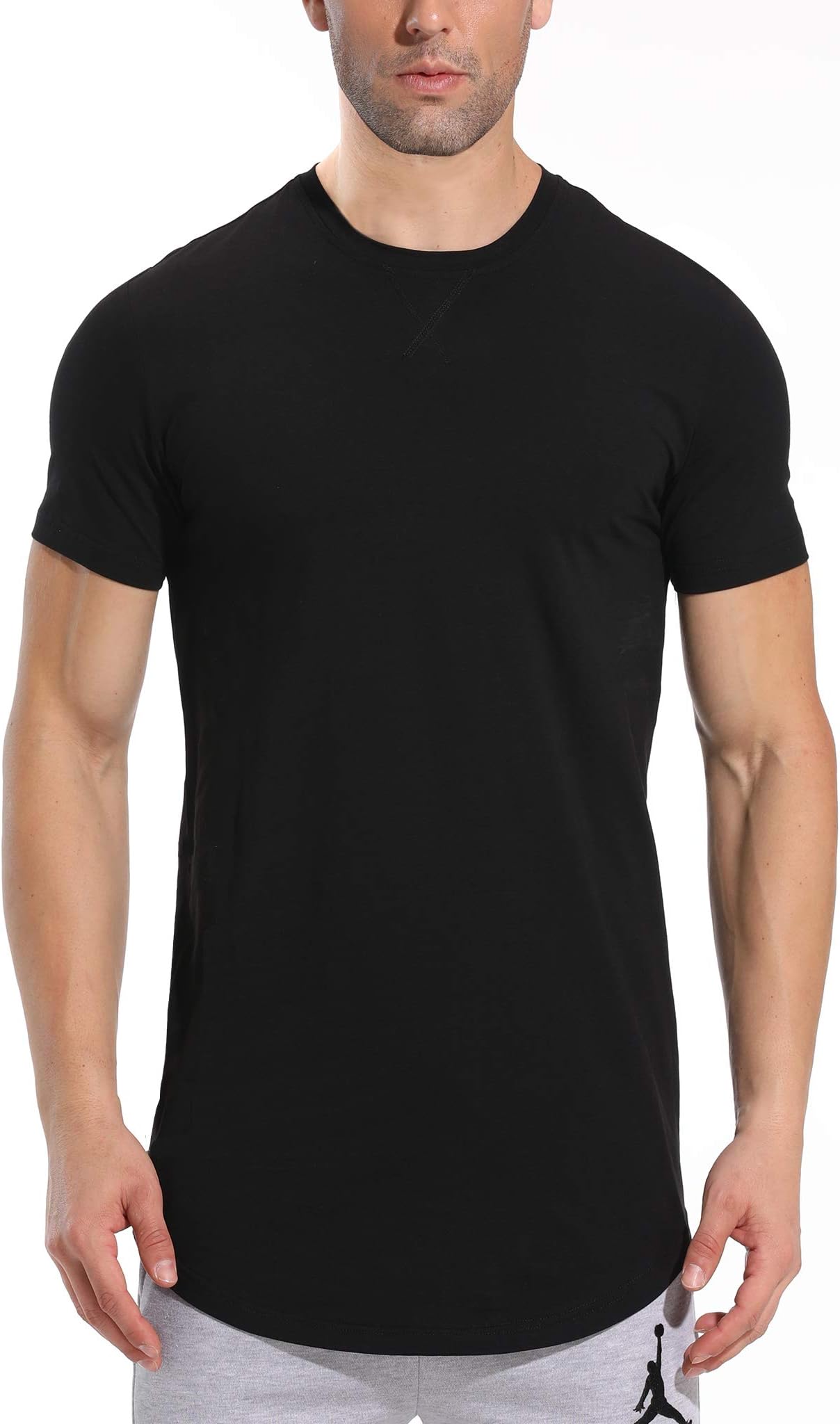 LETAOTAO Mens Hipster Longline T-Shirt Drop Cut Scallop Long Tail Slim Fit Bodybuilding Gym Muscle Workout Tee