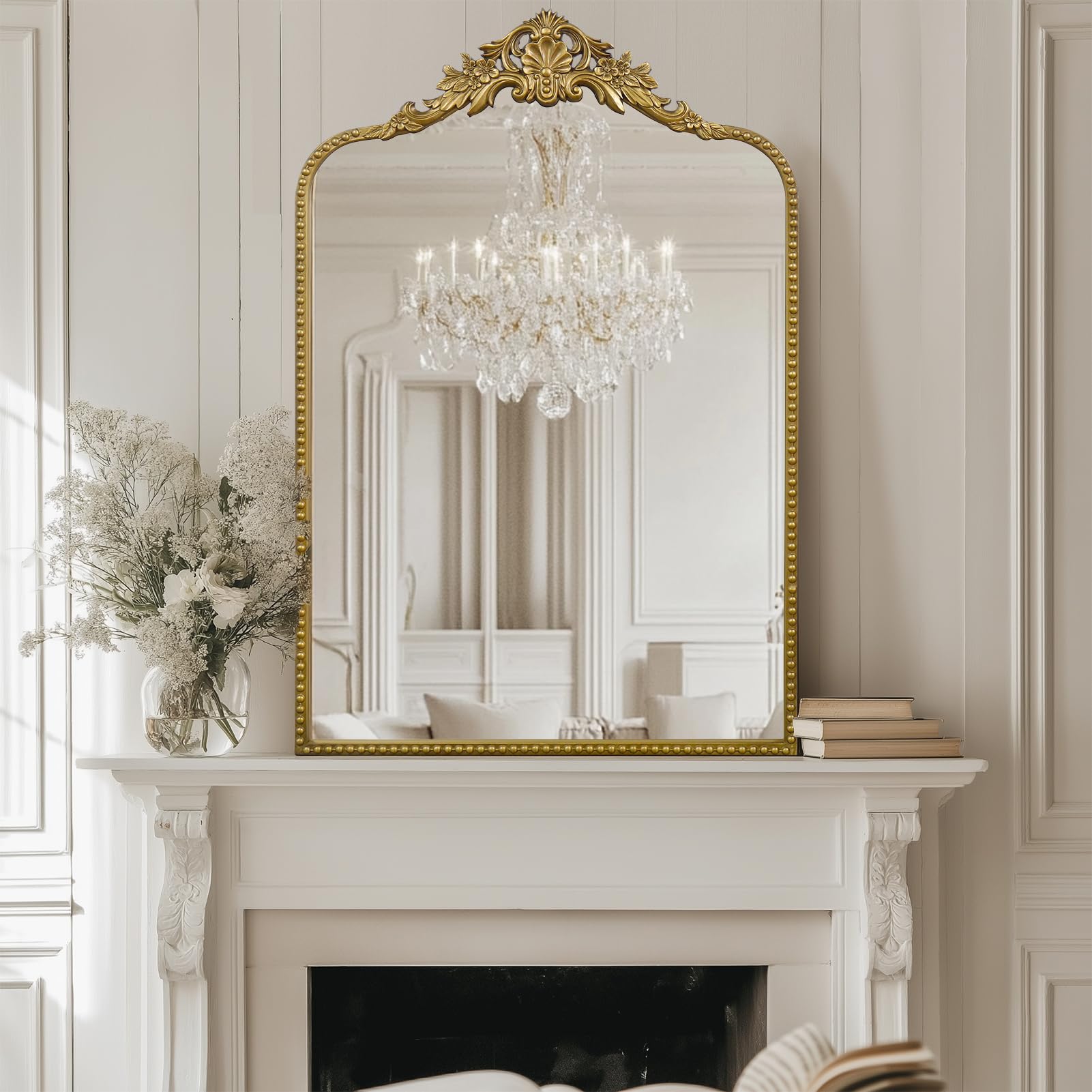 G-Leaf Miroir Baroque Vintage 61 x 91,4 cm, Miroir de cheminée Victorien Antique avec Cadre en métal doré pour cheminée, entrée, Salon, Couloir, Salle de Bain