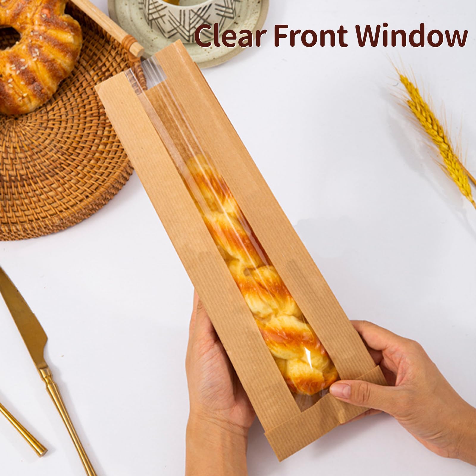 Paquete de 50 bolsas de baguette para pan casero con calcomanías, bolsas de pan de papel kraft reutilizables, bolsas largas de papel de masa madre con ventana frontal transparente