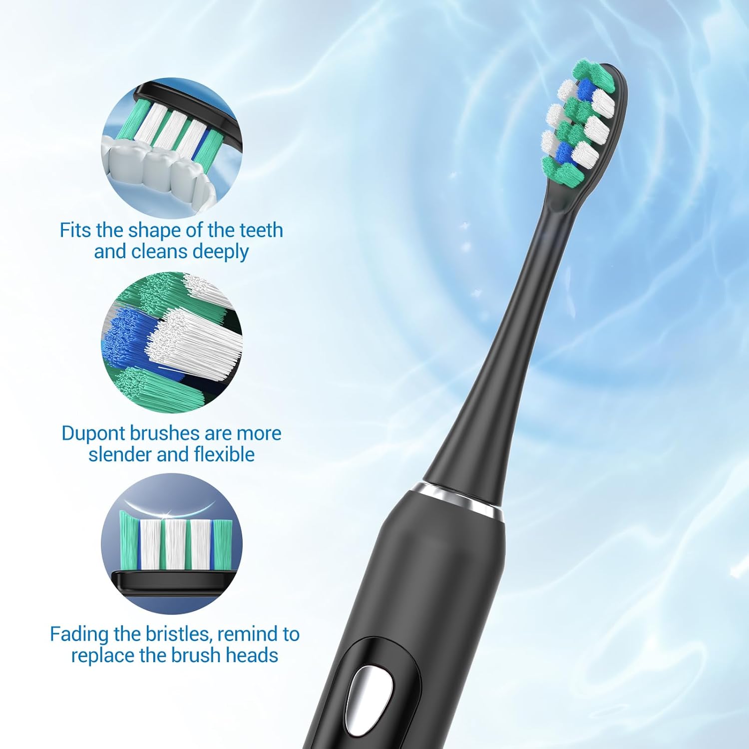 Diagram showing the features of the YteaTh Y02 brush head, including its tooth-fitting shape, flexible DuPont bristles, and bristles that fade to indicate replacement time.