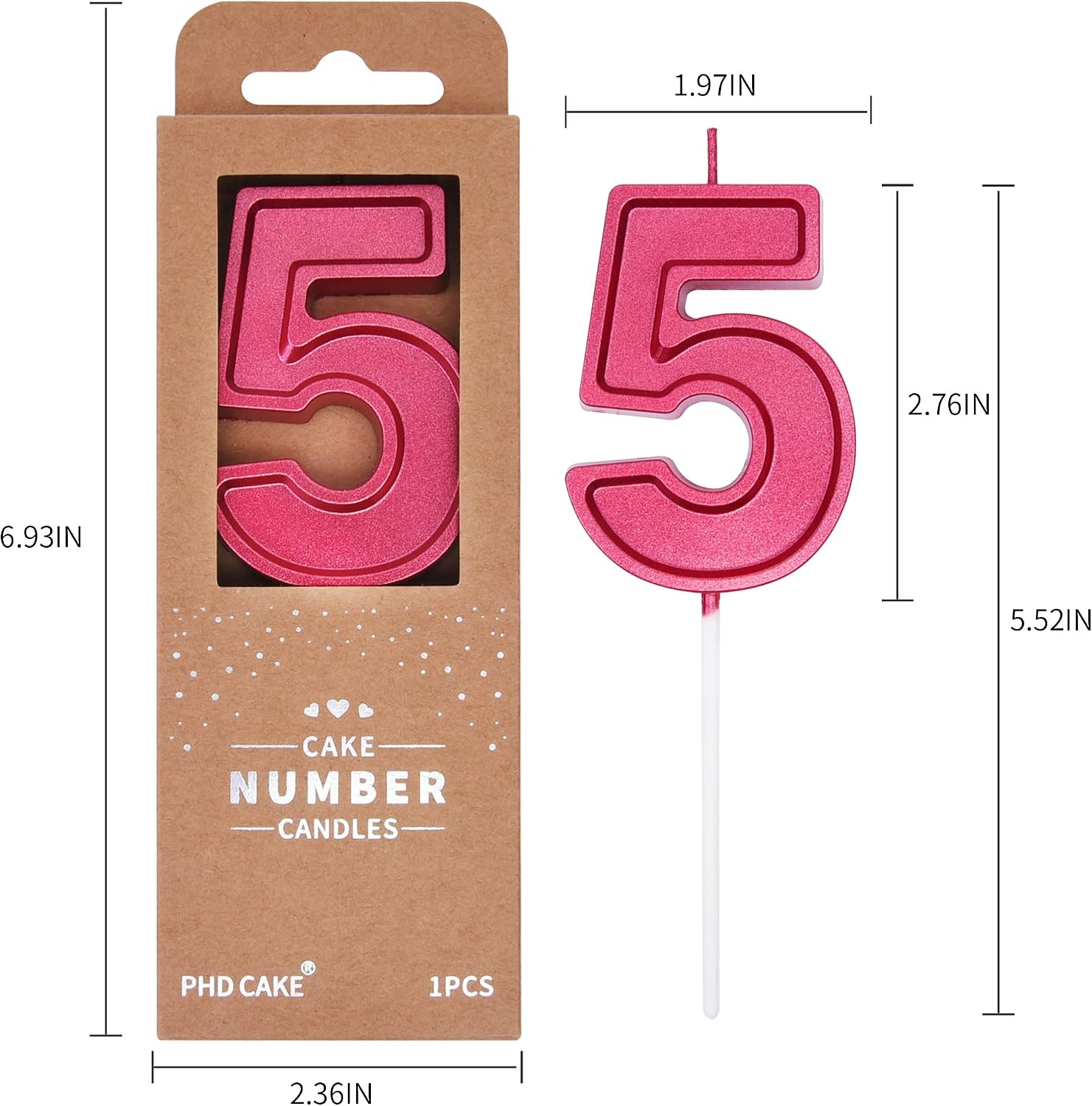 PHD Luxe Red 2.76 Inch 5 Number Birthday Candles, Red Cake Candles for Party Celebration image 4