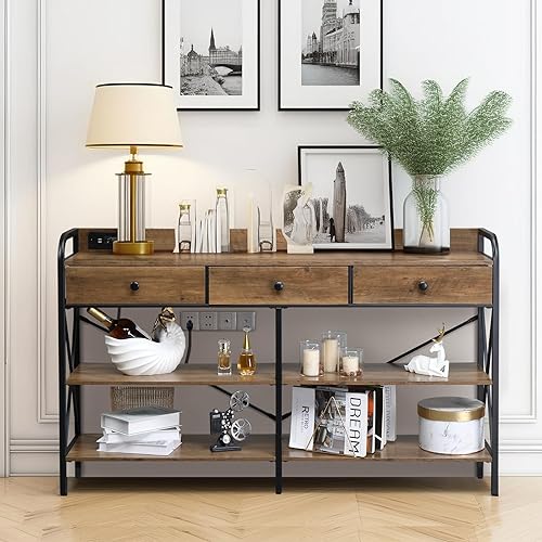 Miniatura 7 de Karl home Mesa consola con puertos USB y tomacorrientes, mesa de entrada, sofá, mesa de TV con 3 cajones de tela, estantes de almacenamiento de 3