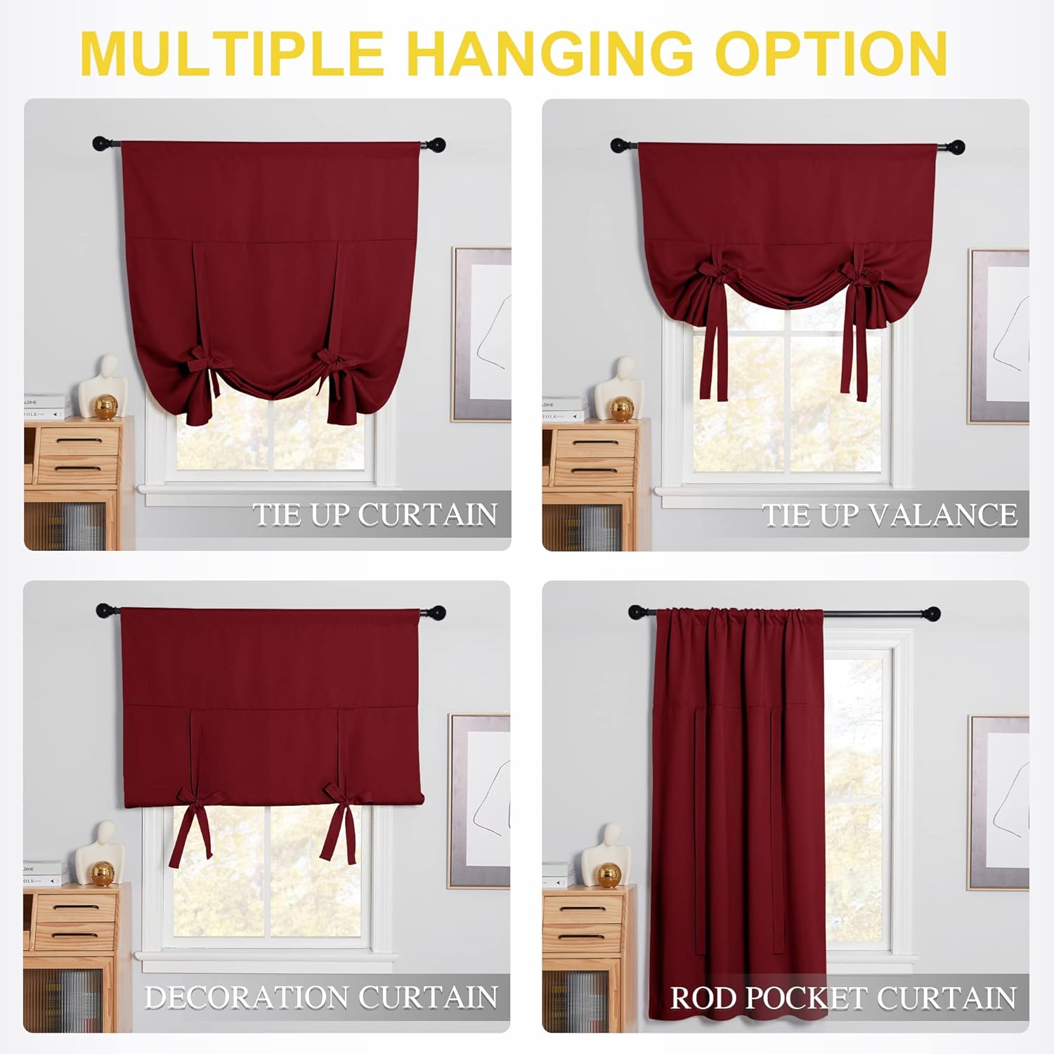 NICETOWN 1 Panel 34" x 45" Tie up Curtain with 2 Panles 34" x 63" Rod Pocket Blackout Curtains for Living Room Thermal Insulated Window Shade for Bedroom, Burgundy Red
