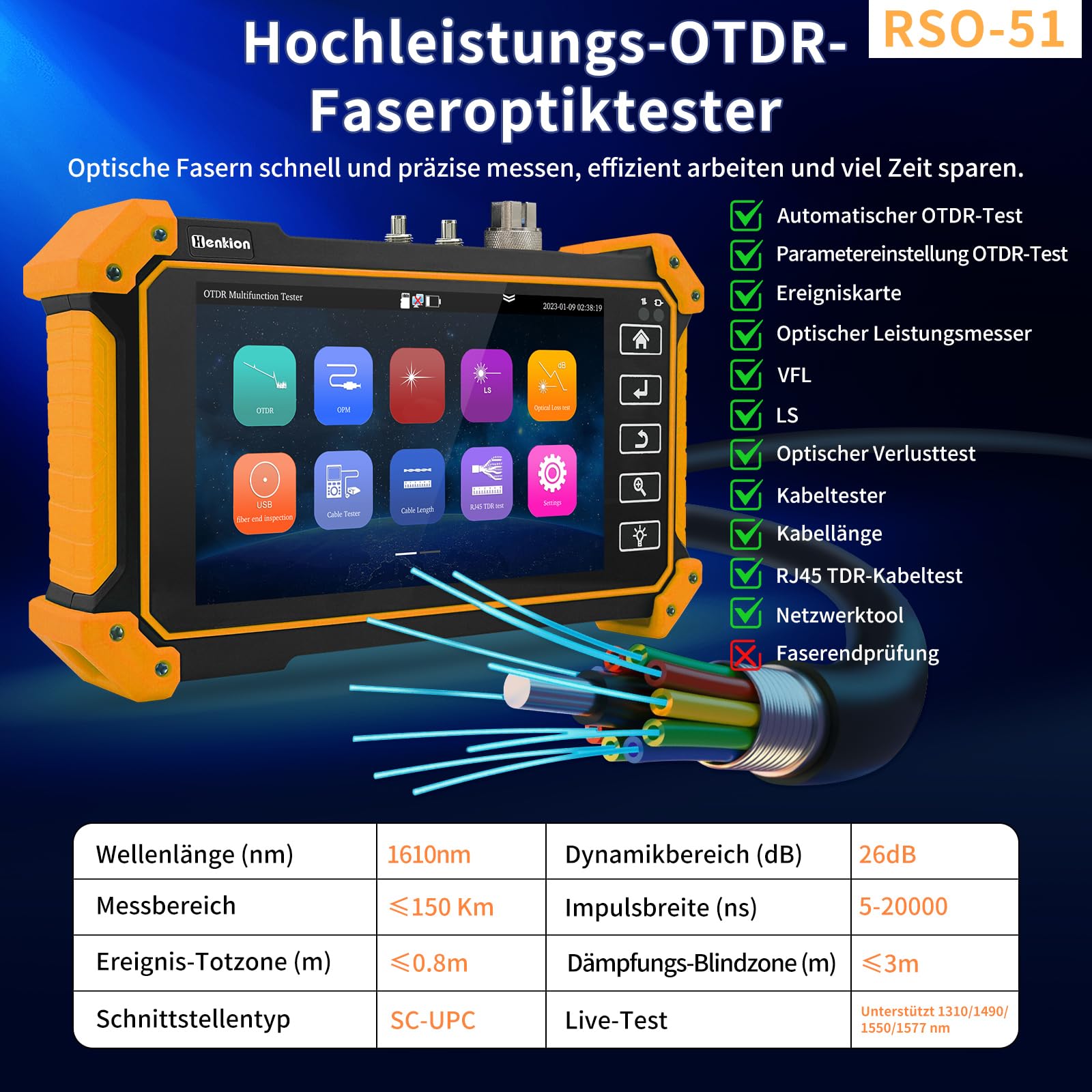 Henkion OTDR Fiber Optic Tester 1610nm 26dB Fasertester 1310/1490/1550/1577nm Live-Glasfaser-Test OPM LS OLS, Event Map,Kabeltester, Netzwerk-Tools, 8 Glasfaser-Adapter-Typen Datei-Einstellung/Bericht