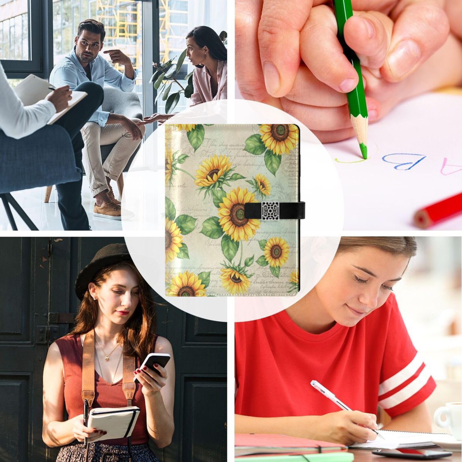 Cuaderno de piel sintética con patrón de girasol, carpeta A5, 6 anillas, recargable, con cierre de hebilla magnética, hojas sueltas, planificador de oficina, carpeta de presupuesto, bloc de
