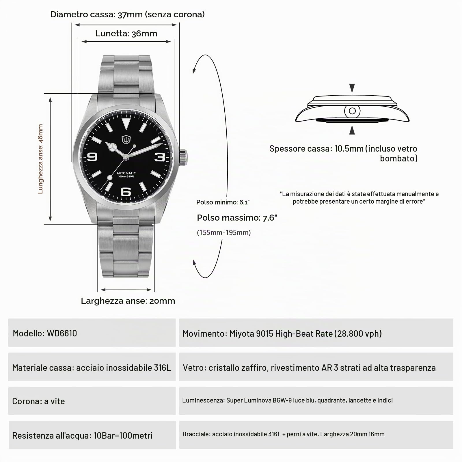 watchdives WD6610 Orologio automatico, movimento giapponese 9015, 37 mm, in cristallo zaffiro, da uomo, impermeabile fino a 100 m, con chiusura a regolazione rapida OTF