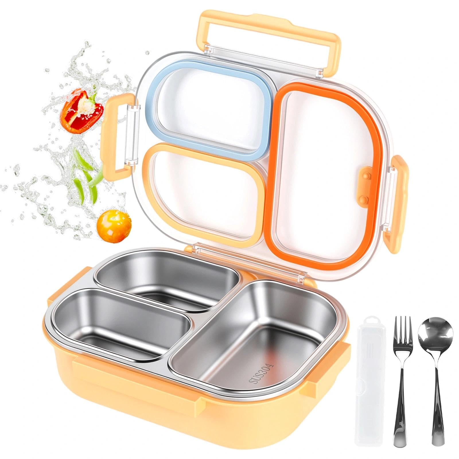 Dexpally Bento Lunch Box Stainless Steel Lunch Box with 3 Compartments Container with Leakproof Lids Stainless Steel Bento Box Metal Bento Box for Kids Adult School Office (800ml, Yellow)