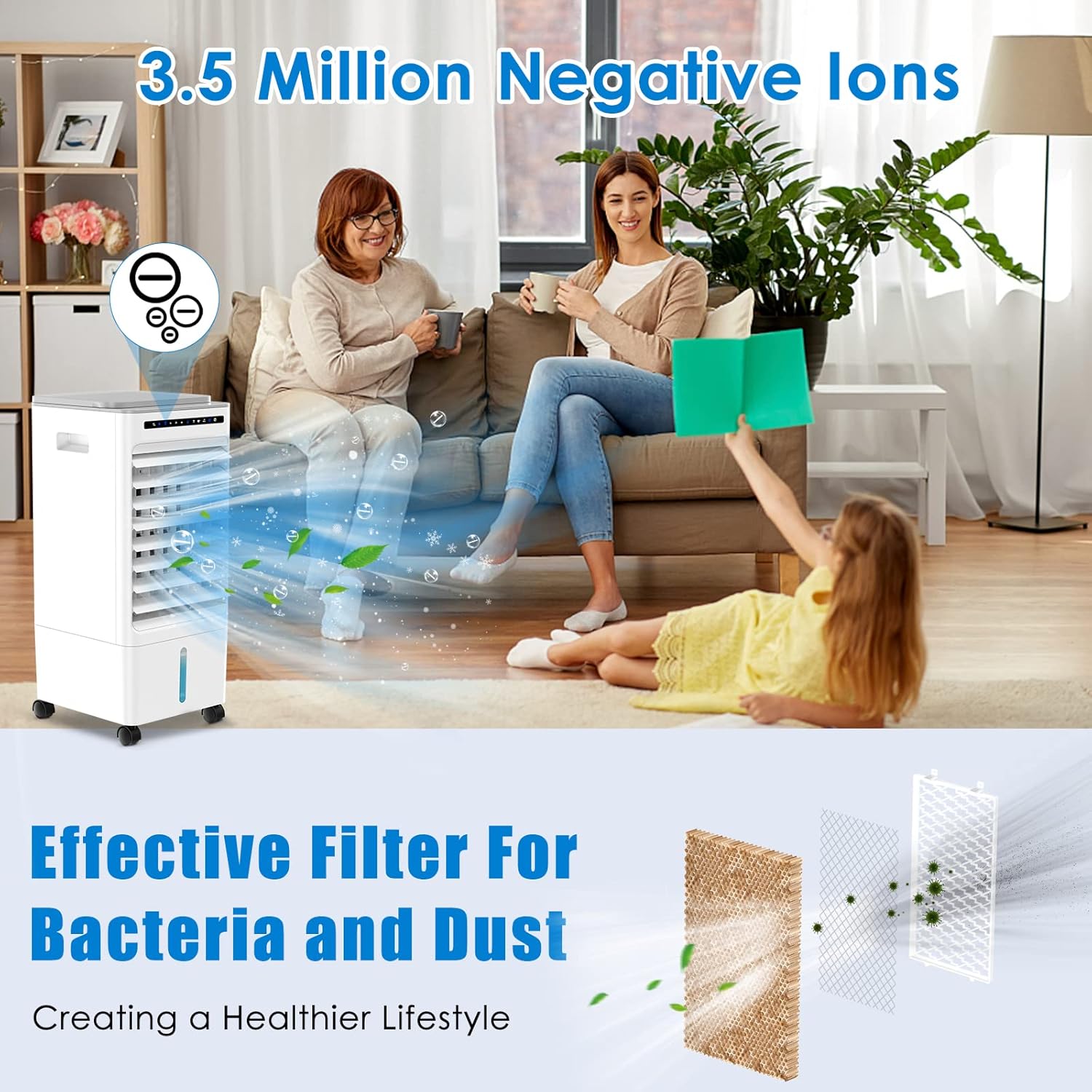 Air cooler generating negative ions and filtering air from bacteria and dust