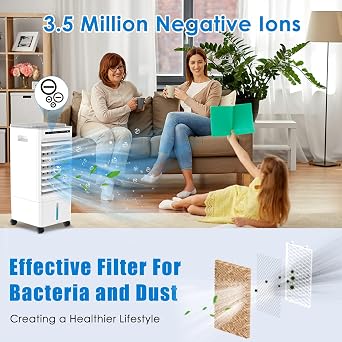 Evaporative Air Cooler, Yovikin 4-IN-1 Portable Air Conditioner Humidifier Air Purifier Cooling Fan, Negative Ions, 3 Modes, 1-7H Timer, Remote Control, 65W Mobile Space Cooler for Home & Office [Energy Class A]
