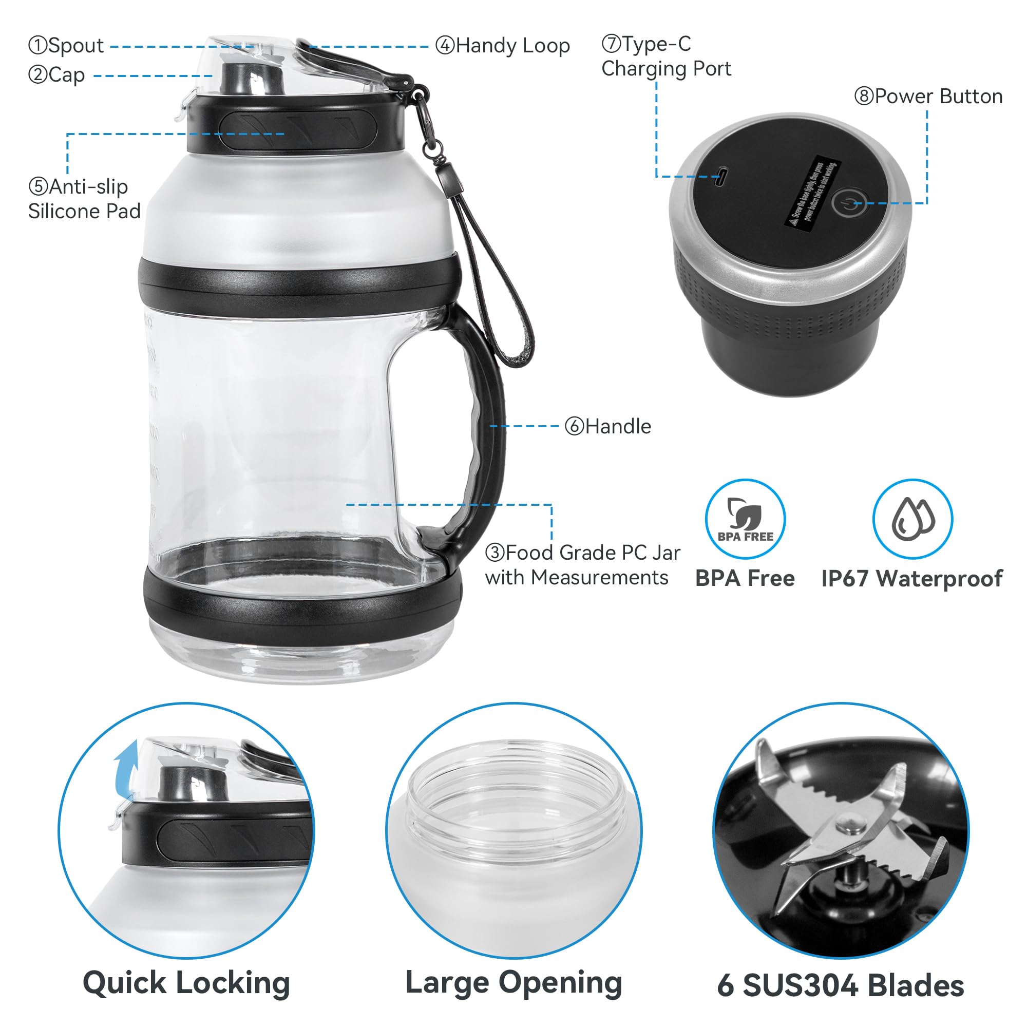 Batidora portátil para batidos y batidos de 1800 ml, licuadora personal recargable con tapa de viaje para cocina, 4000 mAh, taza de licuadora impermeable con seis cuchillas para