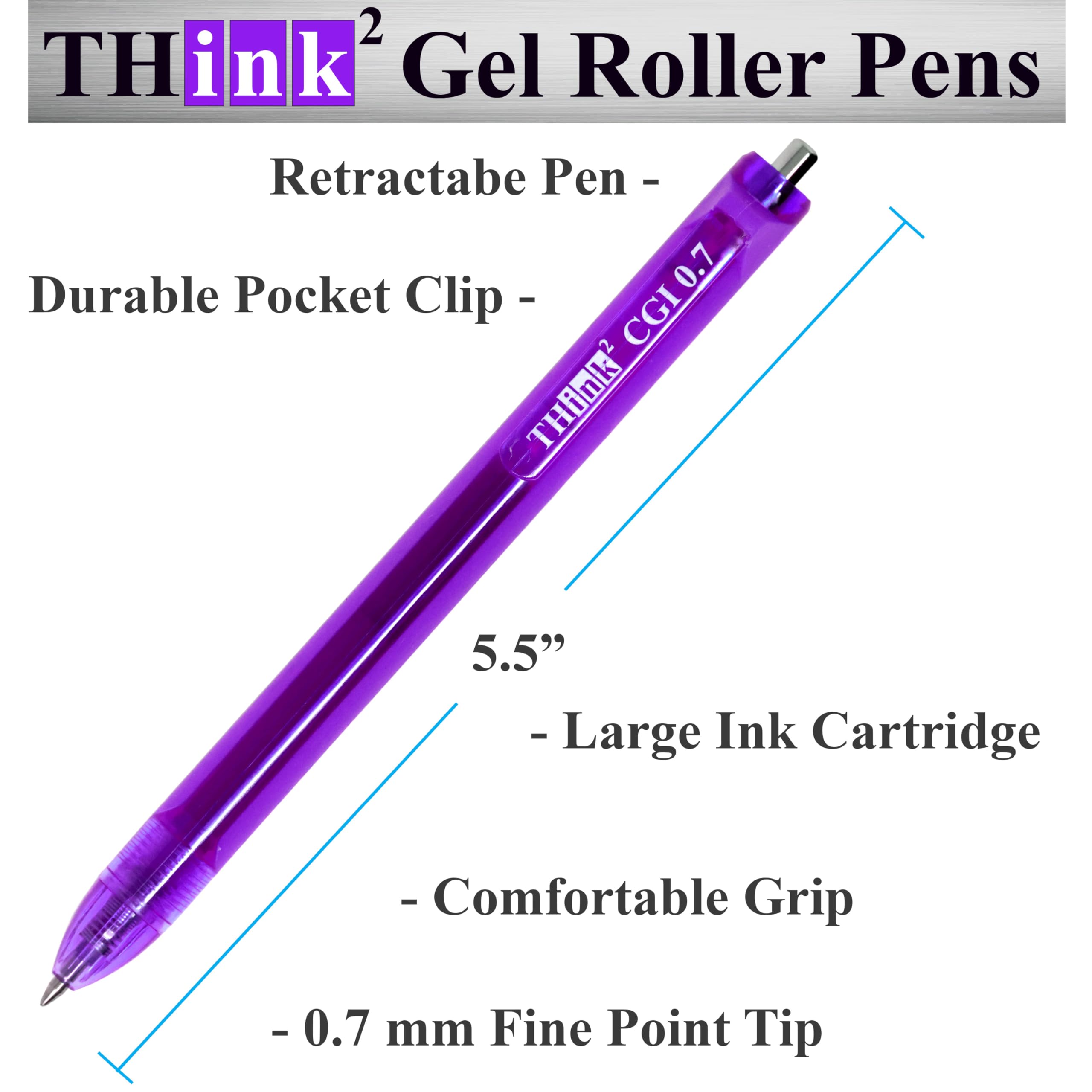THINK2MASTER [24 bolígrafos de tinta morada] Think2 bolígrafos de gel retráctiles CGI de 0,7 mm (24 morados) de punta media con tinta suave de secado rápido.