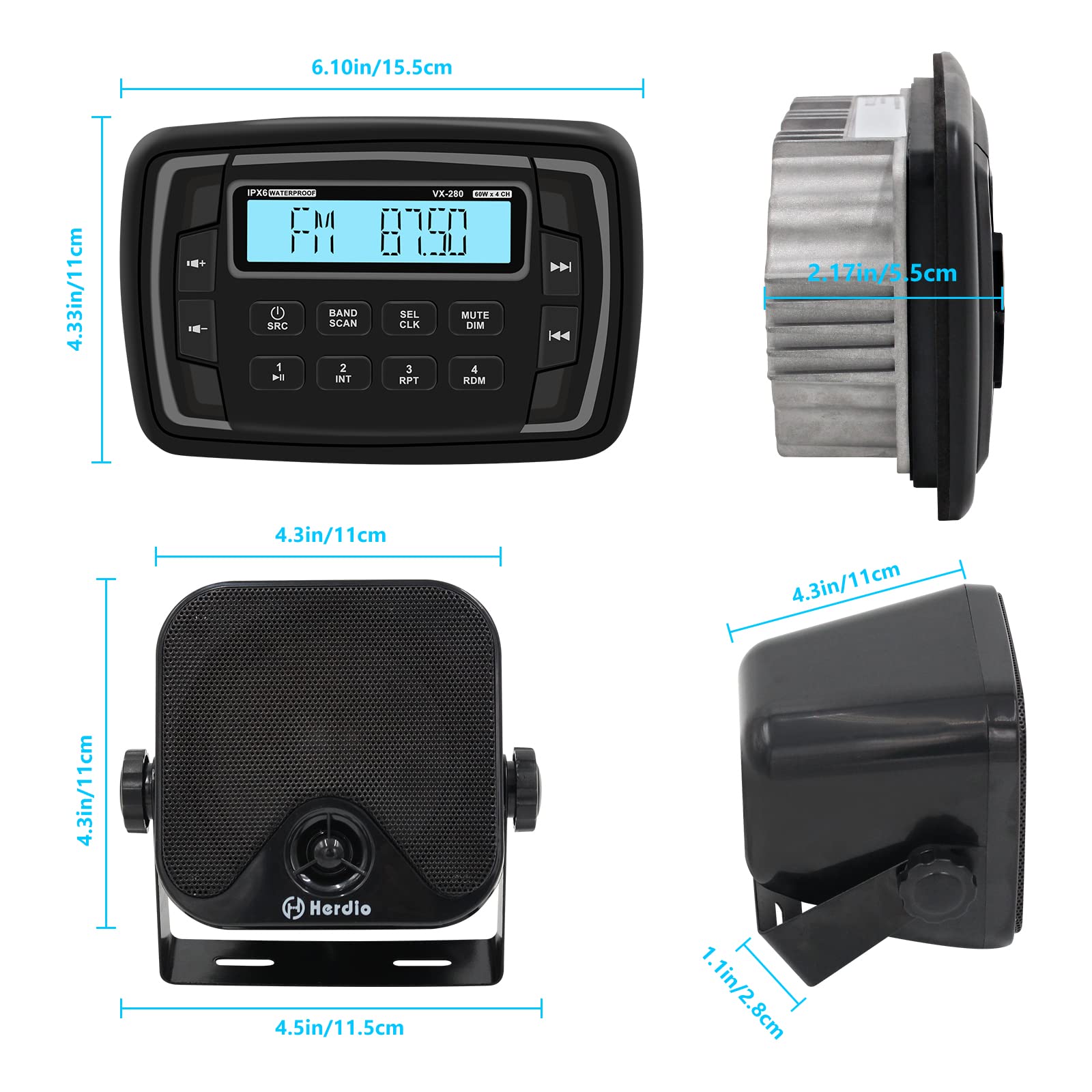 Herdio 4 Inches Waterproof Marine Bluetooth Speakers Car AM/FM Radio