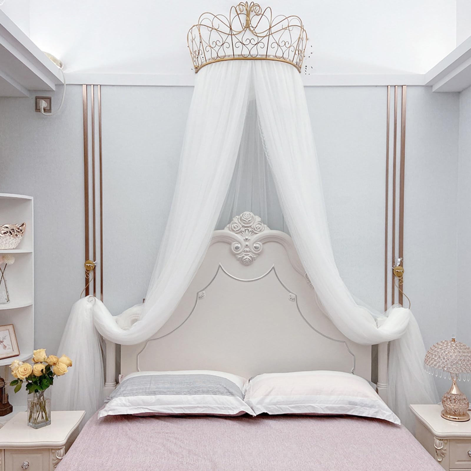 MESCXTY Princess Bed Canopy for Girls & Adults, Elegant Double Layer Curtain with Crown, Romantic Tents Valance(Full to Queen, White)