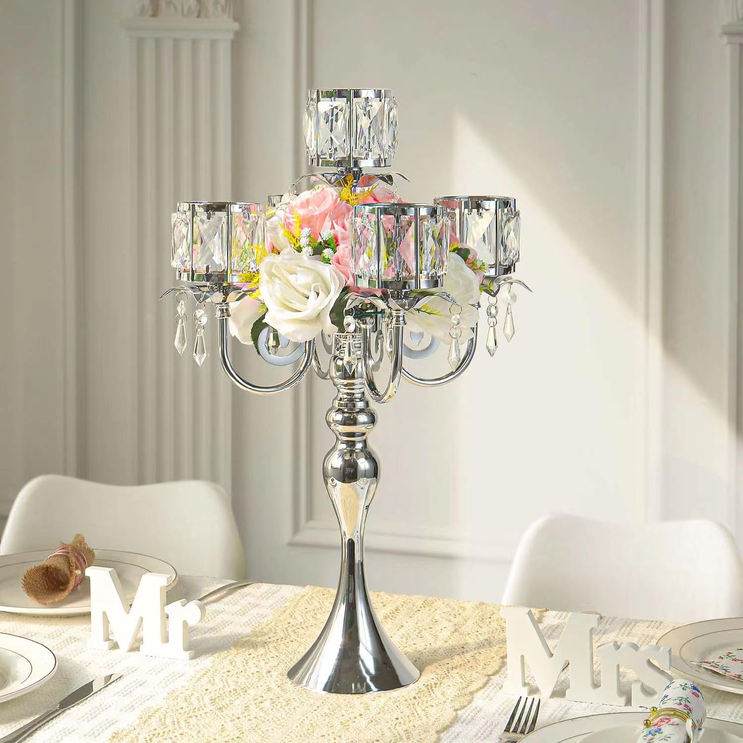 Candelabro A 5 Bracci In Oro E Cristallo - Centrotavola Elegante Per Matrimoni, Alto 65 Cm - Foto 8