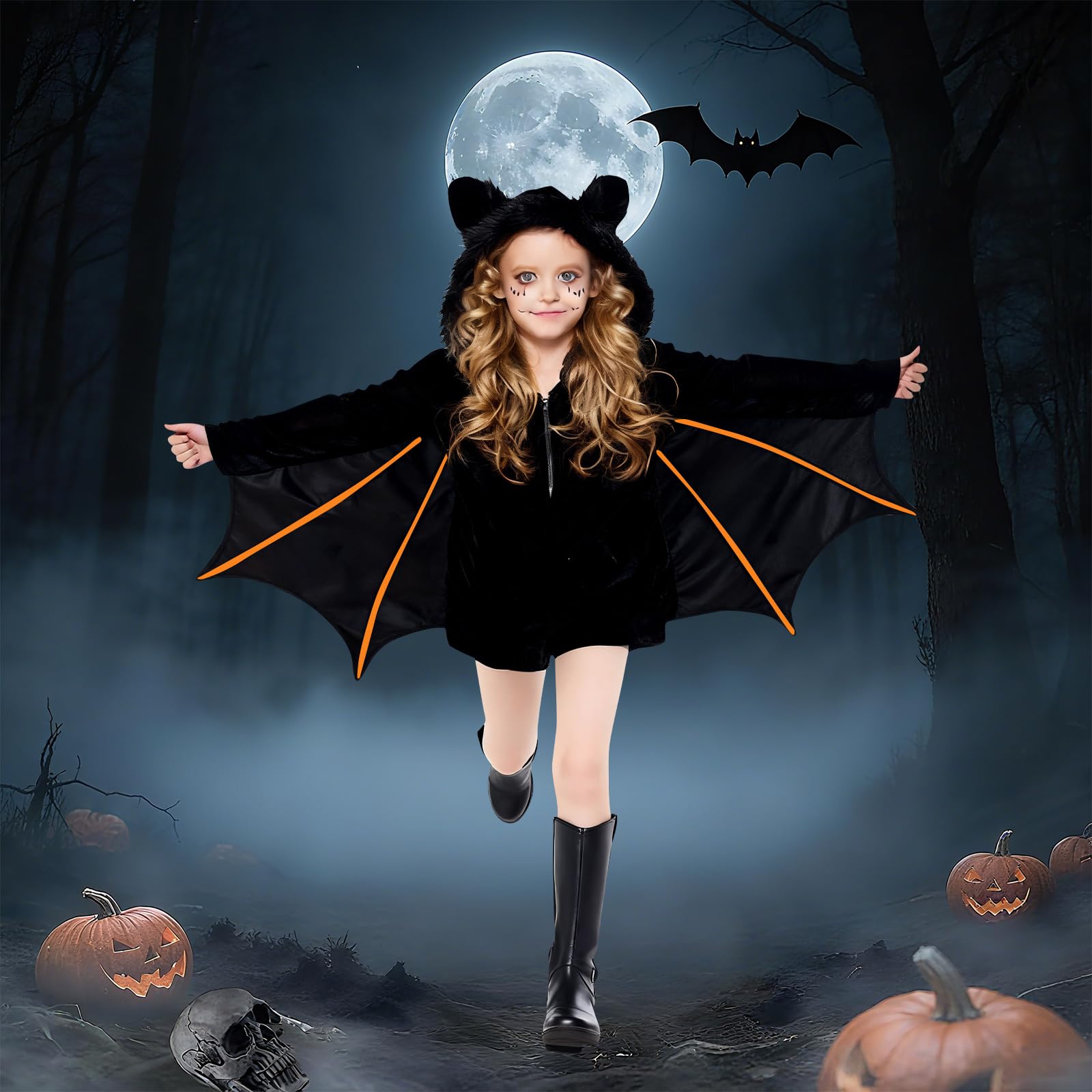 XLKJLI Bat Costume Child Halloween with Hood Bat Girl Vampire Costume Halloween Black Cape (M) - Image 2