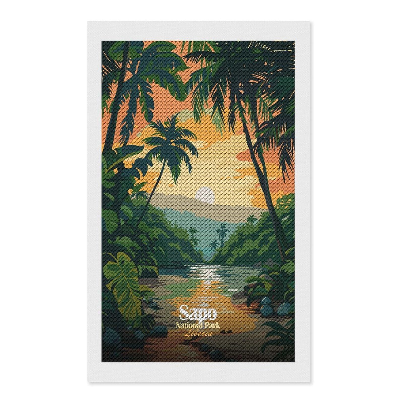 Junmoney Sapo National Park, Liberia Illustration Diamond Painting Canvas Set 12"x20", for Adults, Decorate Your Room, Festive Craft Gift, Office Decor