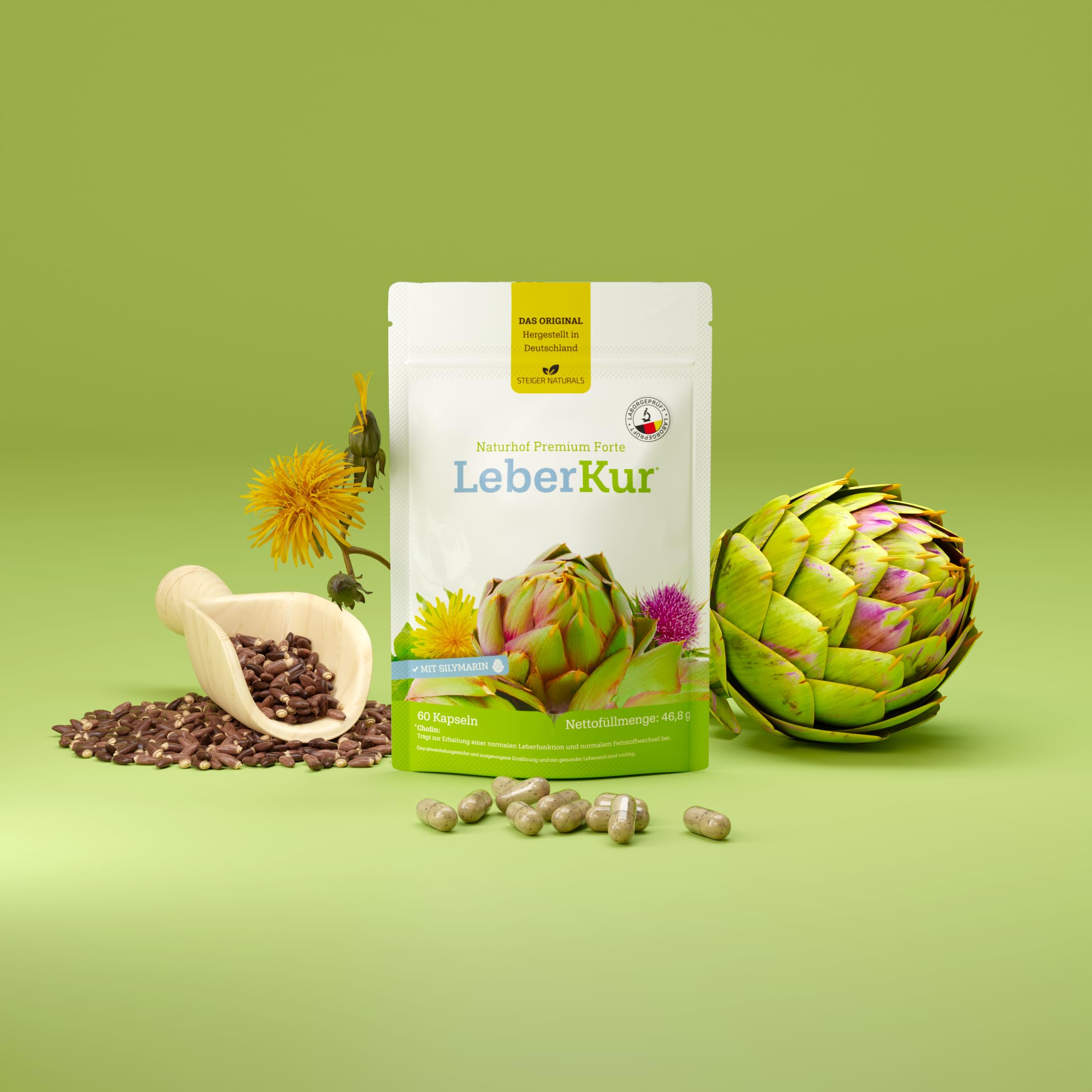 Steiger Naturals Naturhof Leber Kur Das Original - Mariendistel, Artischocken, Cholin, Vitamin E & B12, vegan, 60 Kapseln für 1 Monat