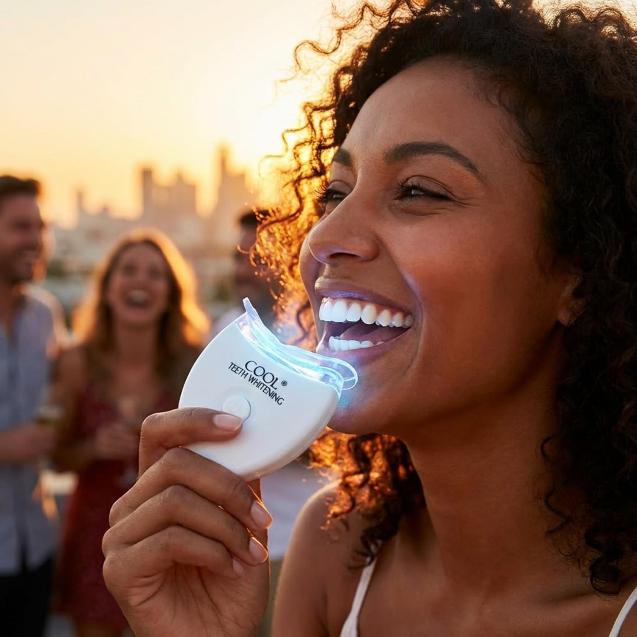 Cool Teeth Whitening (2) bandejas y (1) acelerador de luz LED azul para blanquear más rápido 1 par de termoformado moldeable termoformado boca blanqueador dental bandejas blanqueador dental