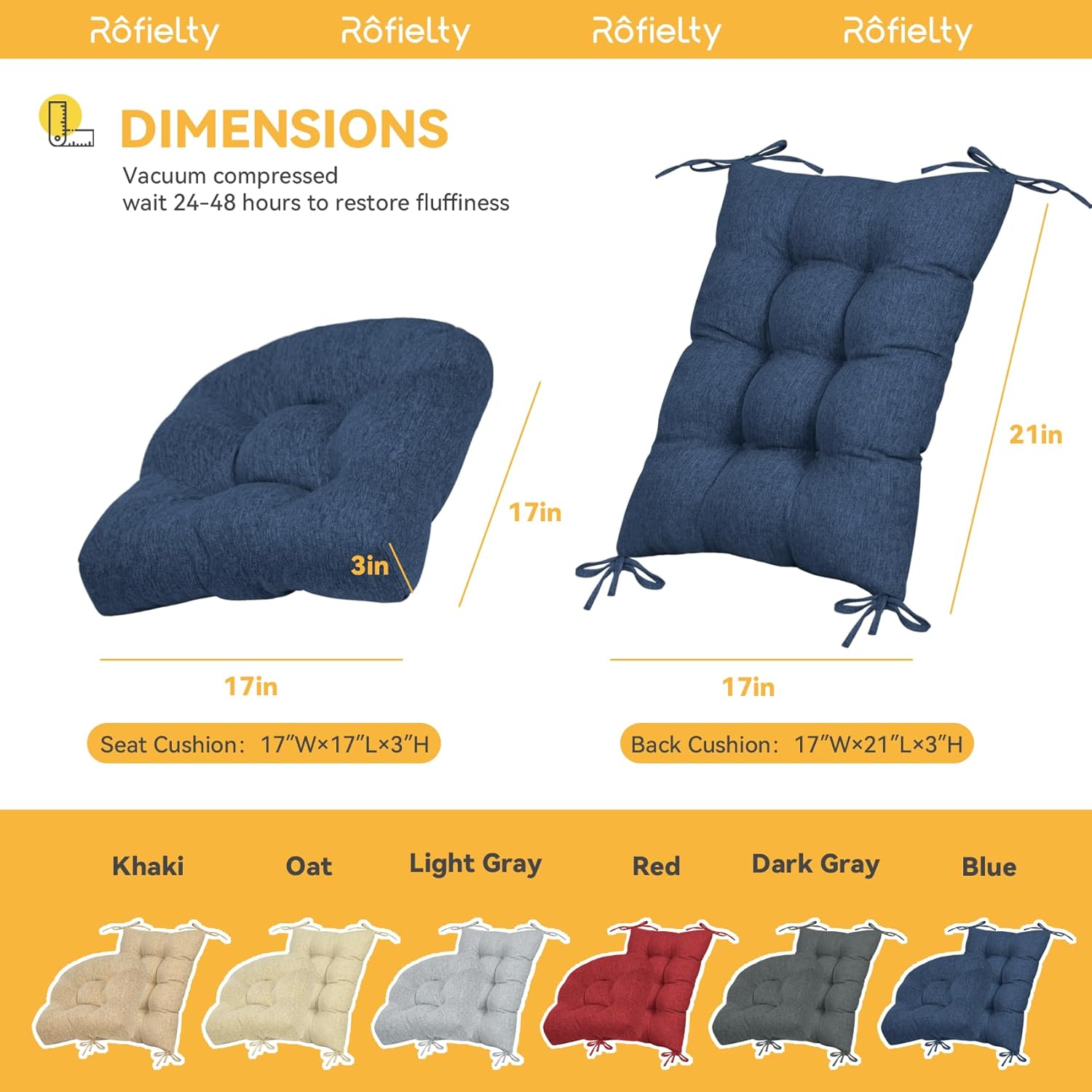 ROFIELTY Rocking Chair Cushion Tufted Design Non Slip Rocking Chair Cushions Indoor with Ties, Comfortable and Good Support Seat & Back Cushions, Blue