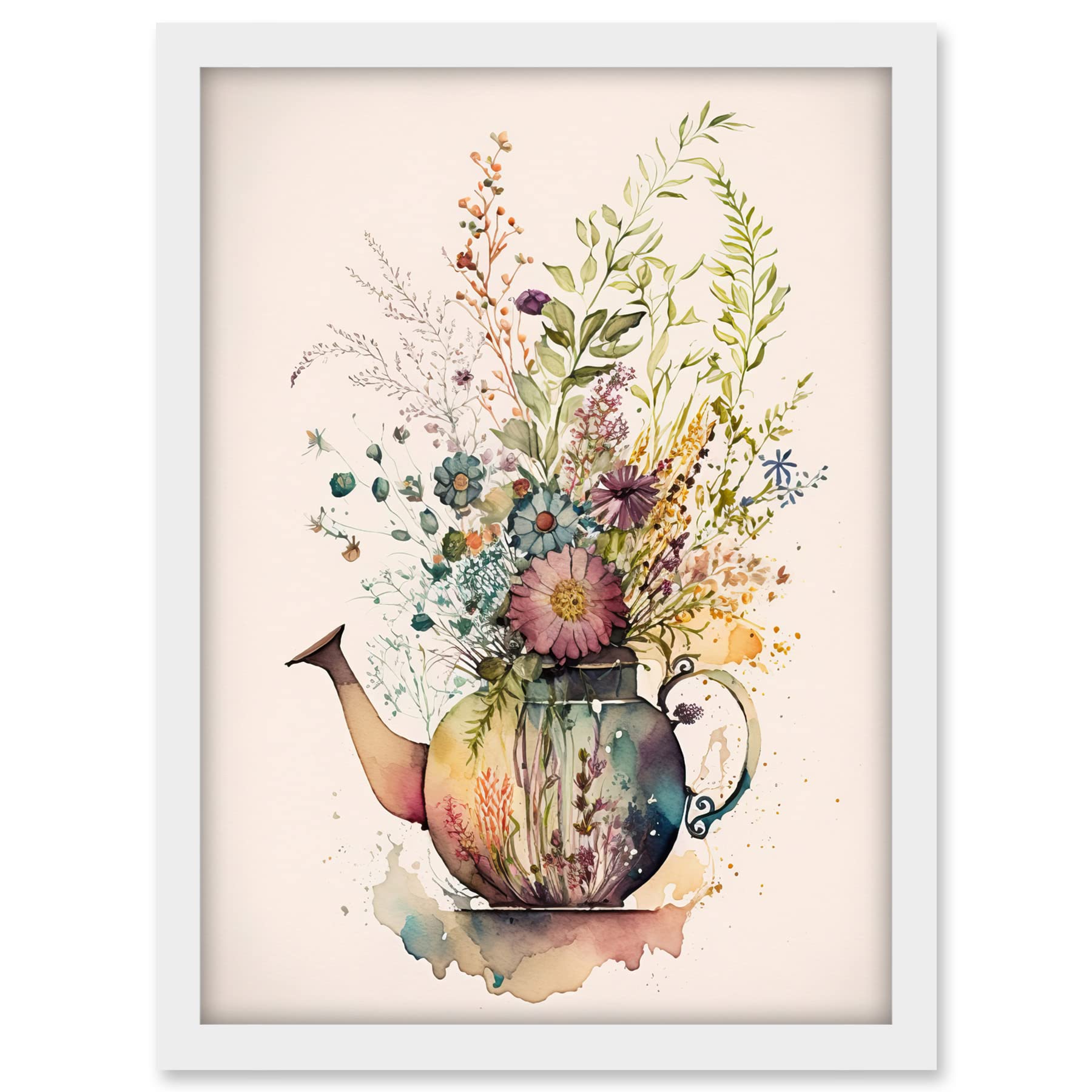 Artery8 Wildflower Floral Spring Bouquet in a Teapot Vase Artwork Framed A3 Wall Art Print